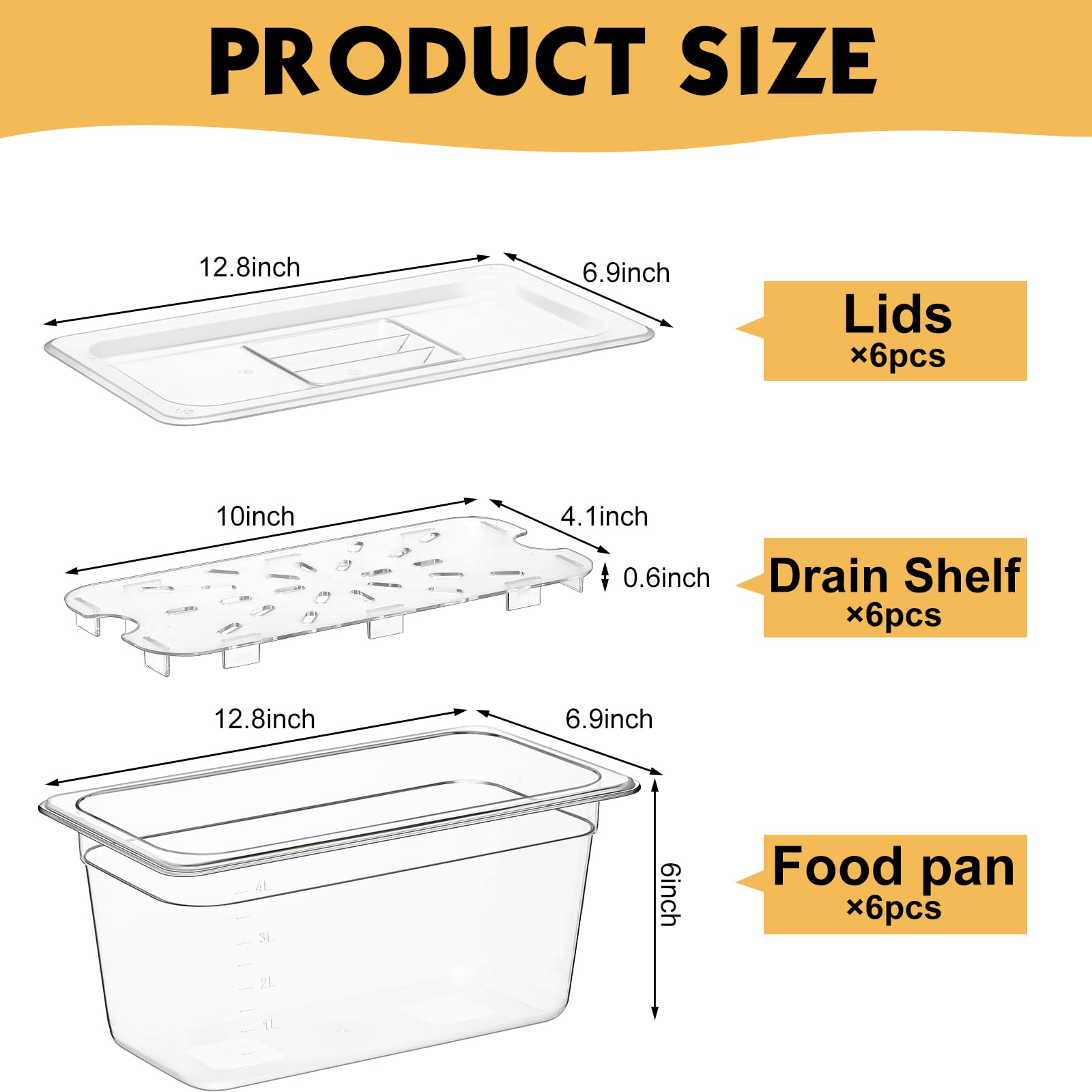 Sunnyray 6-Pack 1/3 Size Clear Polycarbonate Food Storage Containers with Lids & Drain Shelf - 6 Inch Deep Square Kitchen Organizers for Restaurants, Meal Prep, Fruits & Vegetables Storage