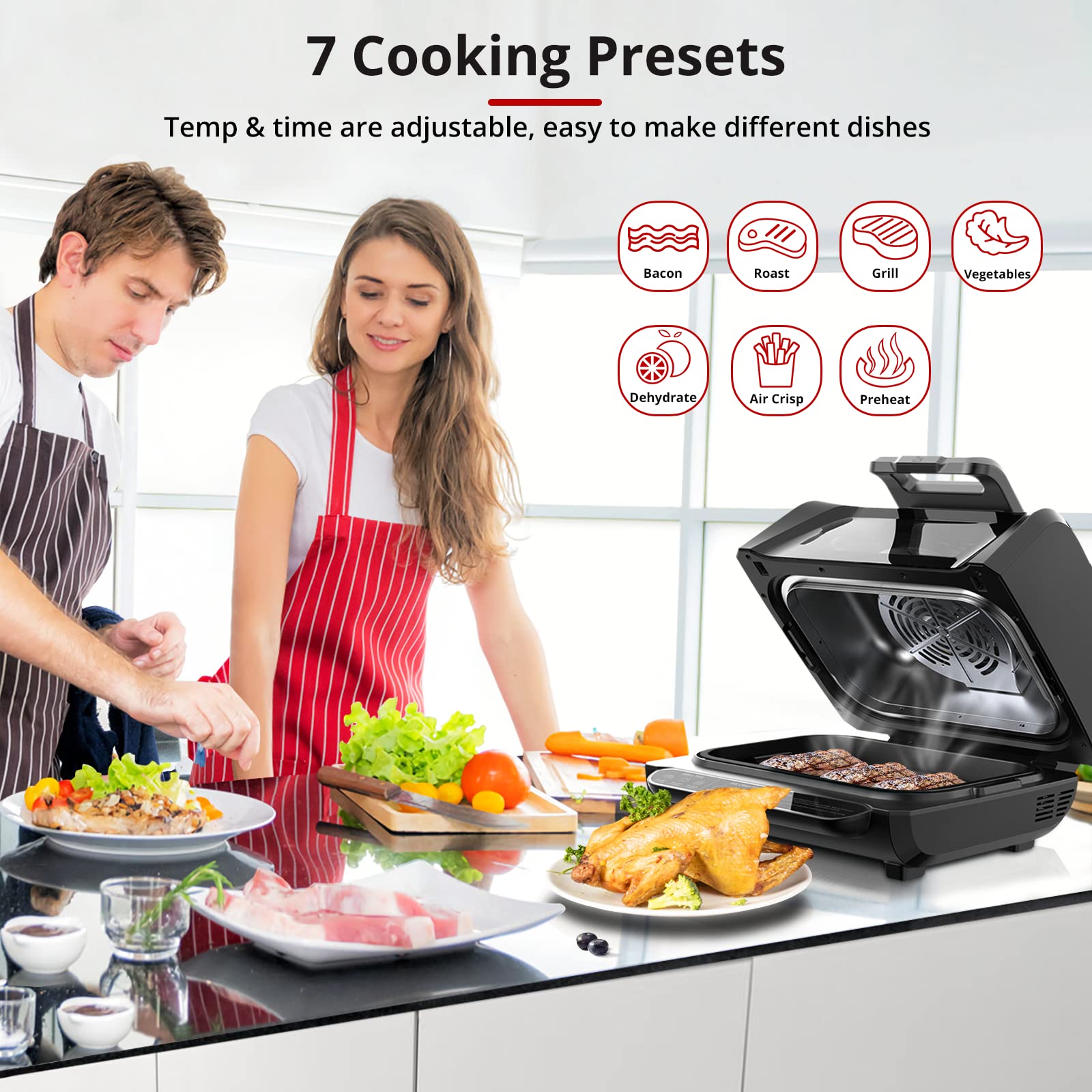 7-in-1 Indoor Grill & Air Fryer Combo - 1750W Smokeless Electric Grill with See-Through Window, Non-Stick Removable Plates & Silicone Tongs - Up to 450°F Even Heating - 4Qt Capacity - Perfect for Healthy Cooking, Family Meals & Small Kitchen Spaces (Black)