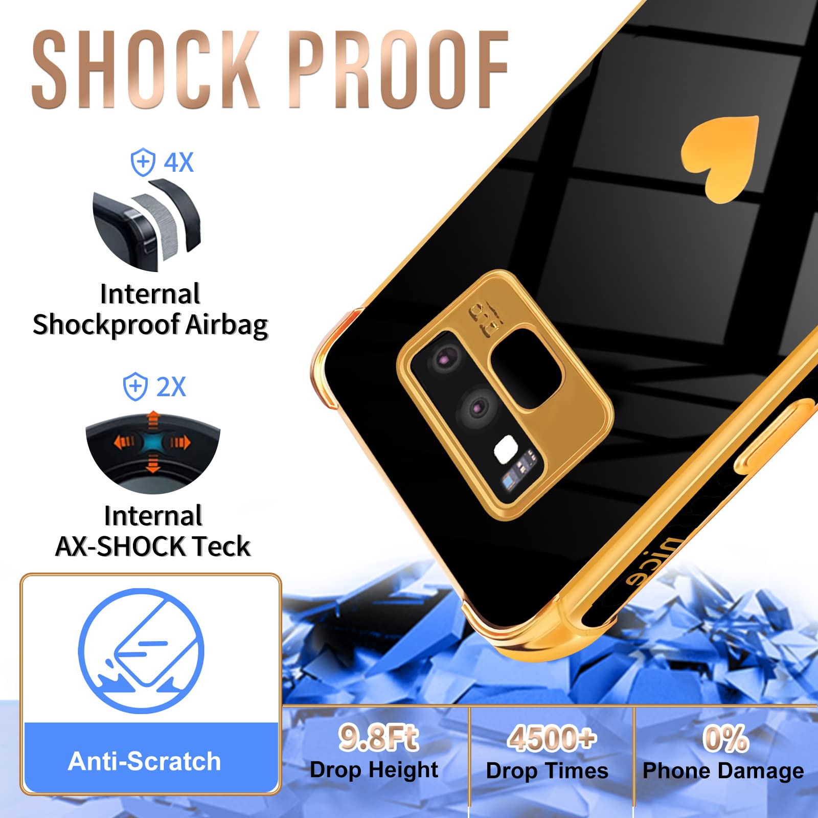 2in1 Luxury Samsung Galaxy Note 9 Case with Screen Protector & Chain - Elegant Black & Gold Plating Heart Design for Women & Girls | Trendy Aesthetic Protection for 6.4