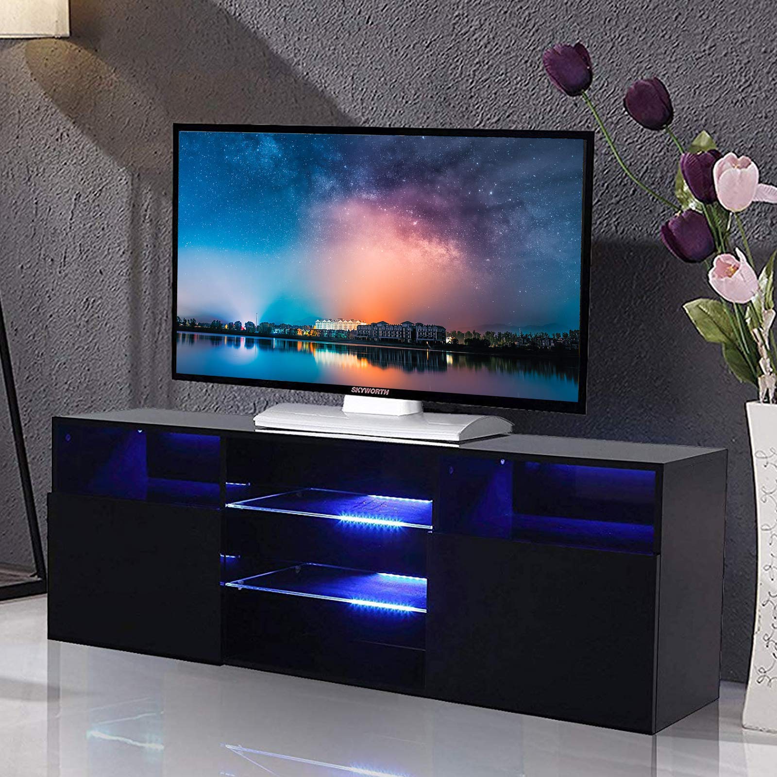 Modern Mecor Black LED TV Stand with Lights & Remote Control - High Gloss Media Console for 60 Inch TVs - 3-Tier Entertainment Center with 2 Doors & Open Shelf - Perfect for Living Room, Home Theater & Gaming Setup