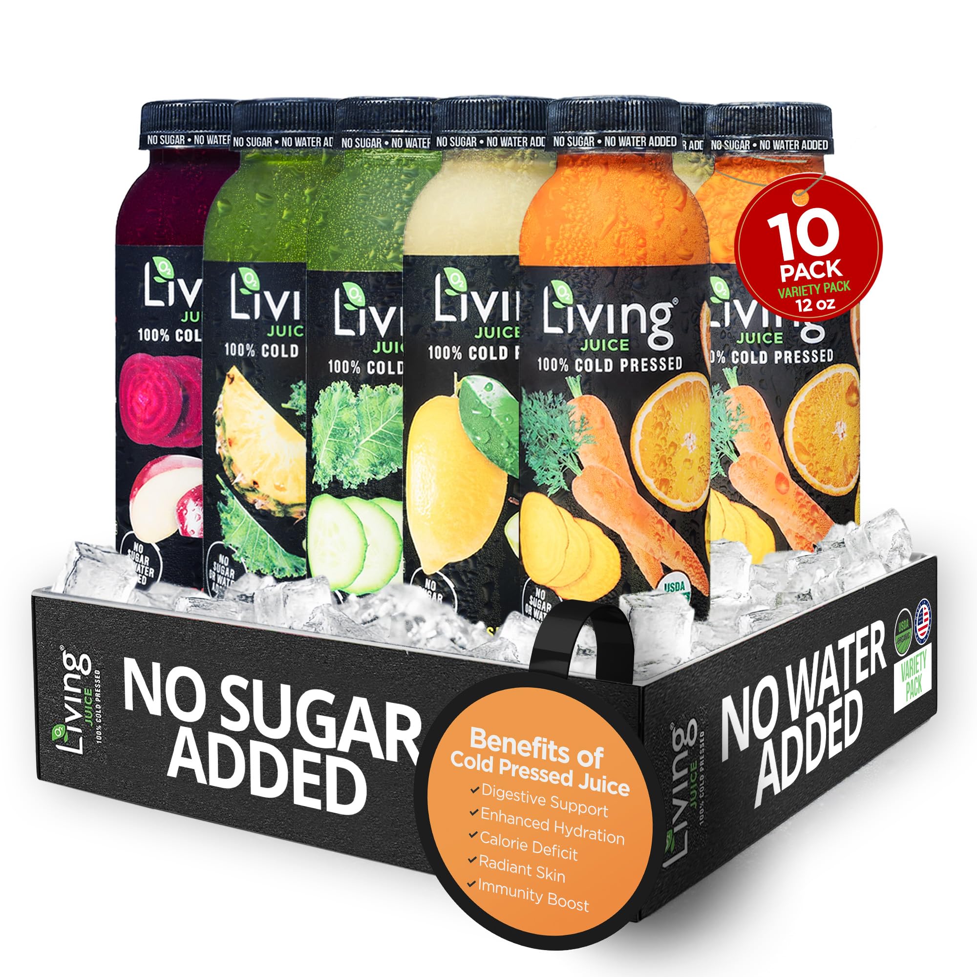 O2 Living 10-Pack Variety 12oz Cold Pressed Juice - Low-Calorie Detox Cleanse Drink with Fresh Fruit & Vegetable Blend | Non-GMO, Immunity Booster, Vitamin-Rich Beverage | Perfect for Post-Workout Recovery, Morning Energy Boost & Healthy Lifestyle