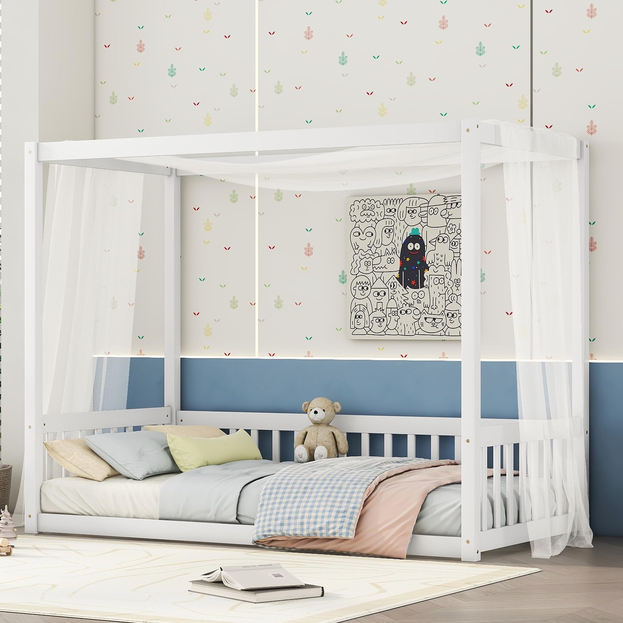 Twin Size Canopy Bed Frame with Guardrails for Kids - Wooden Four Poster Montessori Floor Bed for Girls & Boys (White) - Perfect for Bedrooms, Playrooms & Montessori Learning Spaces