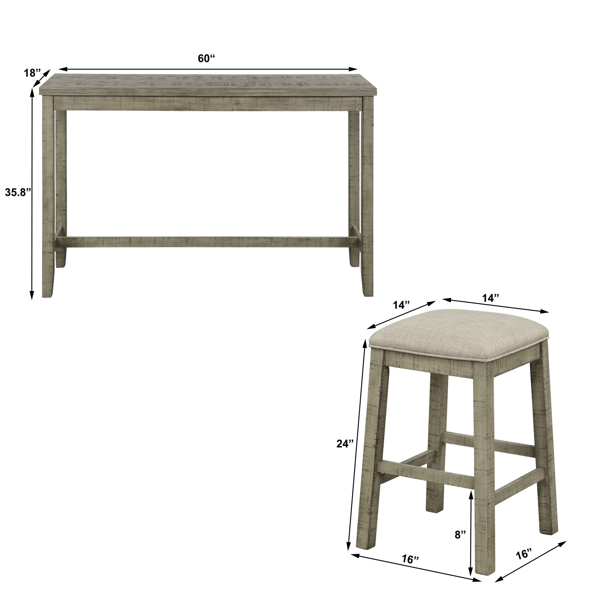 Quarte 4-Piece Rustic Wood Counter Height Bar Table Set with Fabric Padded Stools & Socket, Multipurpose Dining Room Furniture for Kitchen, Living Room, and Small Spaces