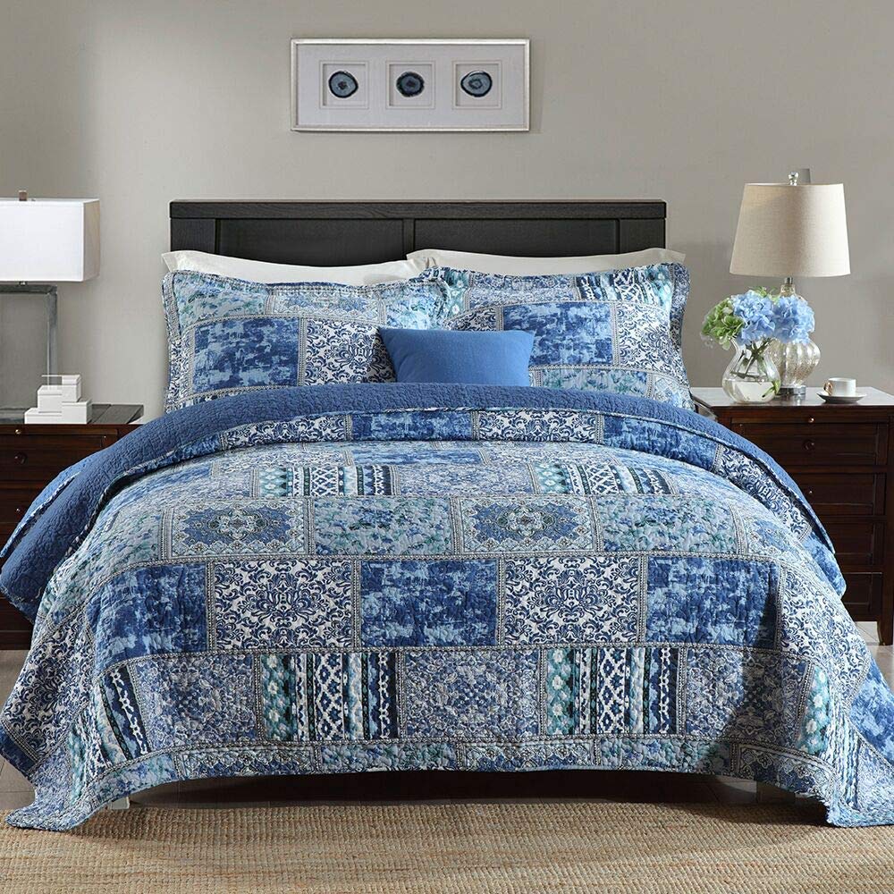 **NEWLAKE Reversible Cotton Bedspread Quilt Set - Blue Bohemian Patchwork Coverlet for King/Queen Size Beds | Soft & Breathable Bedding for Home, Hotel, or Guest Room Decor**