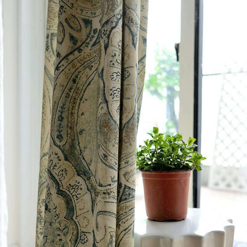 French Country Print Curtains with Intricate Design - Beige Linen Window Drapes for Living Room & Bedroom | Farmhouse Style Home Decor
