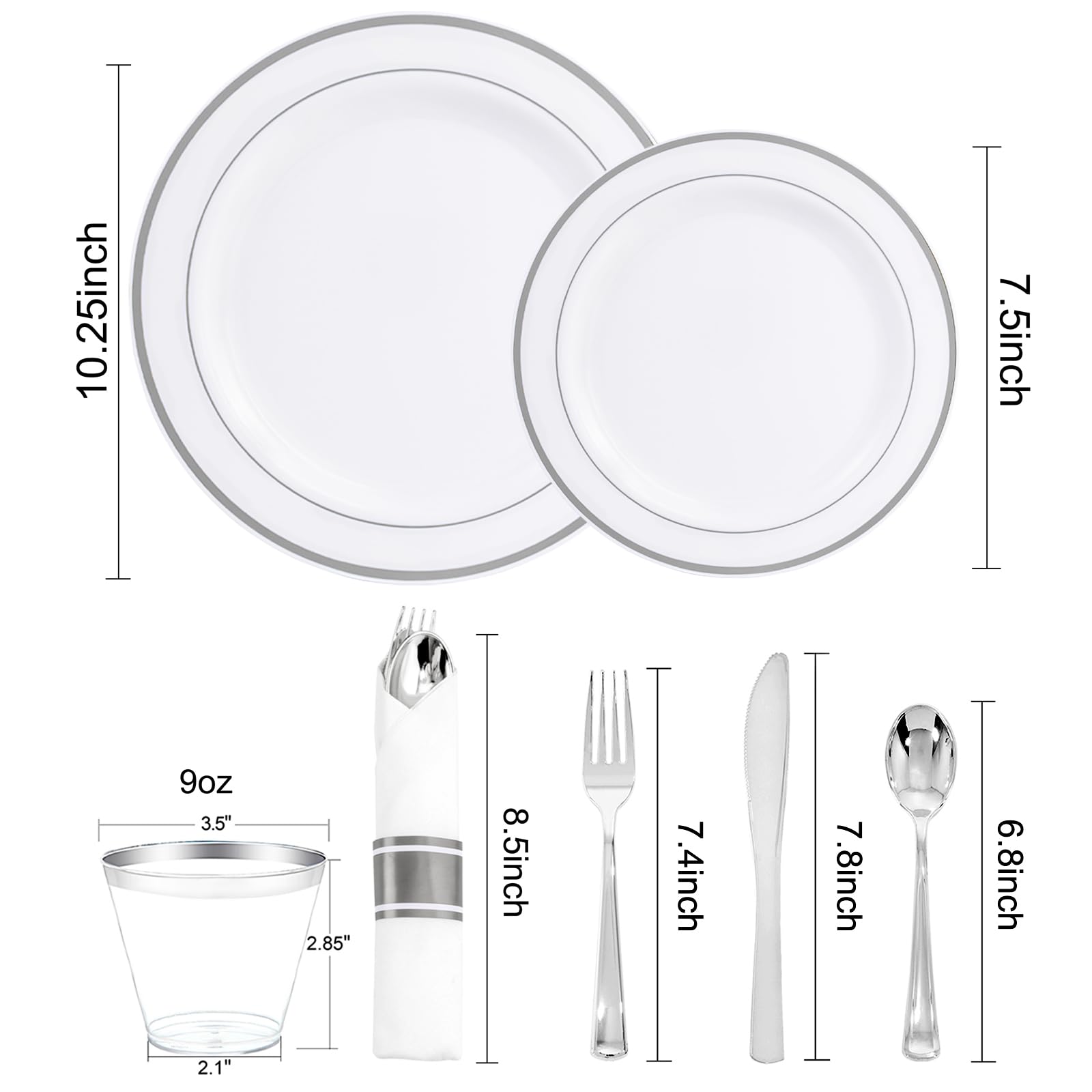 WELLIFE 350-Piece Silver Plastic Party Plates Set - Disposable Dinnerware for 50 Guests, Includes Plates, Cups & Napkins - Perfect for Birthday Parties, Weddings, BBQs & Events