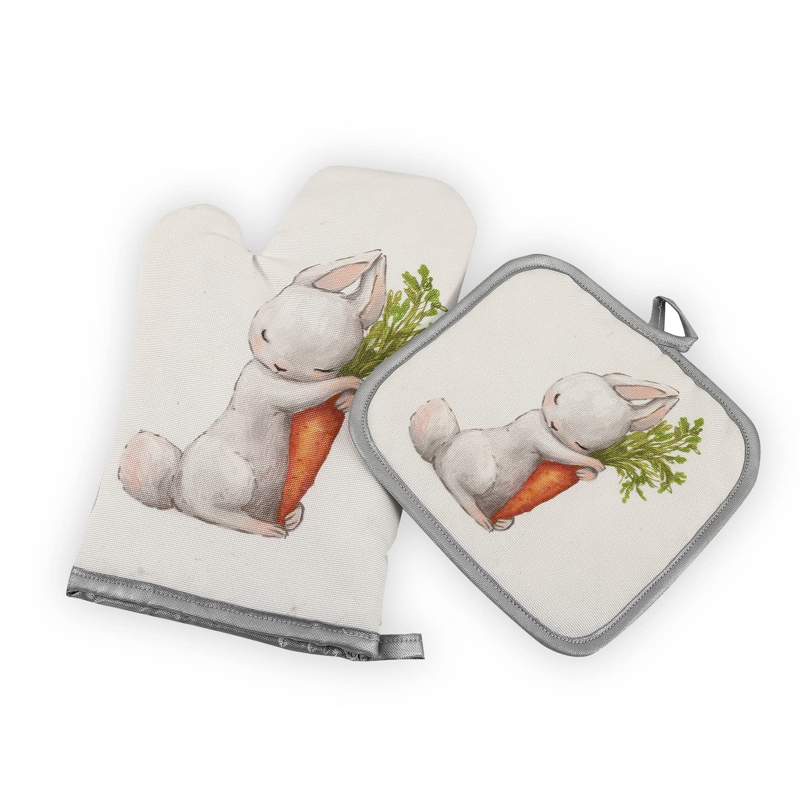 Heat Resistant Oven Mitts and Pot Holders Set - Cute Bunny Rabbit Print Kitchen Gloves for Cooking, Baking, Grilling - Easter Gifts for Women & Home Chefs - Perfect for Holiday Baking, BBQ, and Everyday Kitchen Use