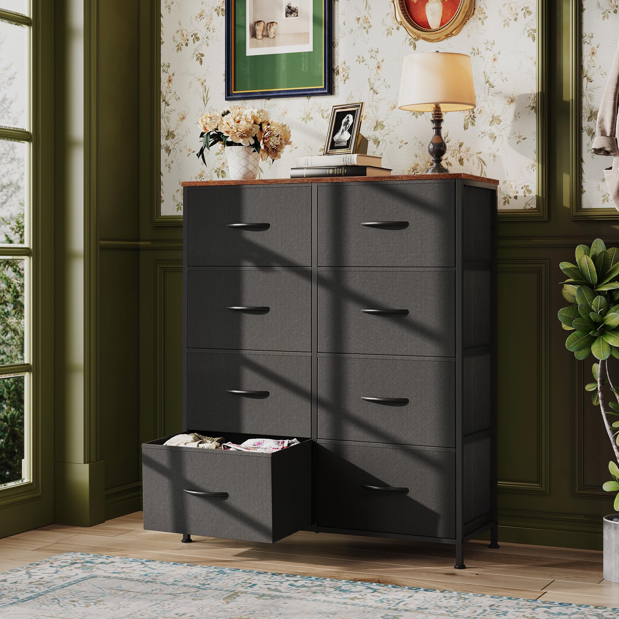 WLIVE 8-Drawer Fabric Dresser for Bedroom - Tall Storage Tower with Fabric Bins, Double Dresser Chest for Closet, Living Room & Hallway - Black & Rustic Brown - Perfect for Organizing Clothes, Toys & Home Essentials