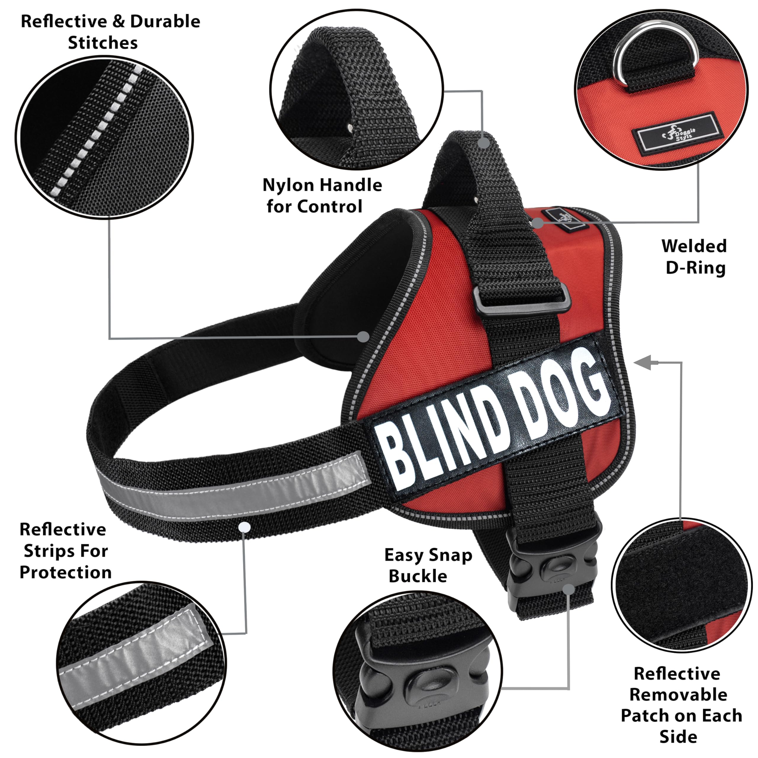 Blind Dog Vest Harness with Removable Reflective Patches - Adjustable 30