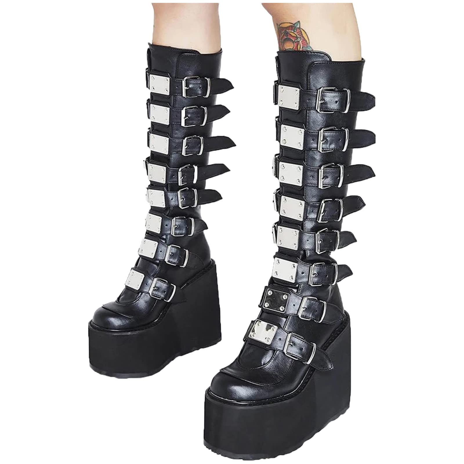 Stylish Women's Knee High Platform Boots - Gothic Synthetic Leather Wedge Heel Motorcycle Boots for Evening & Biker Fashion | Perfect for Night Out, Club Wear & Gothic Style Outfits