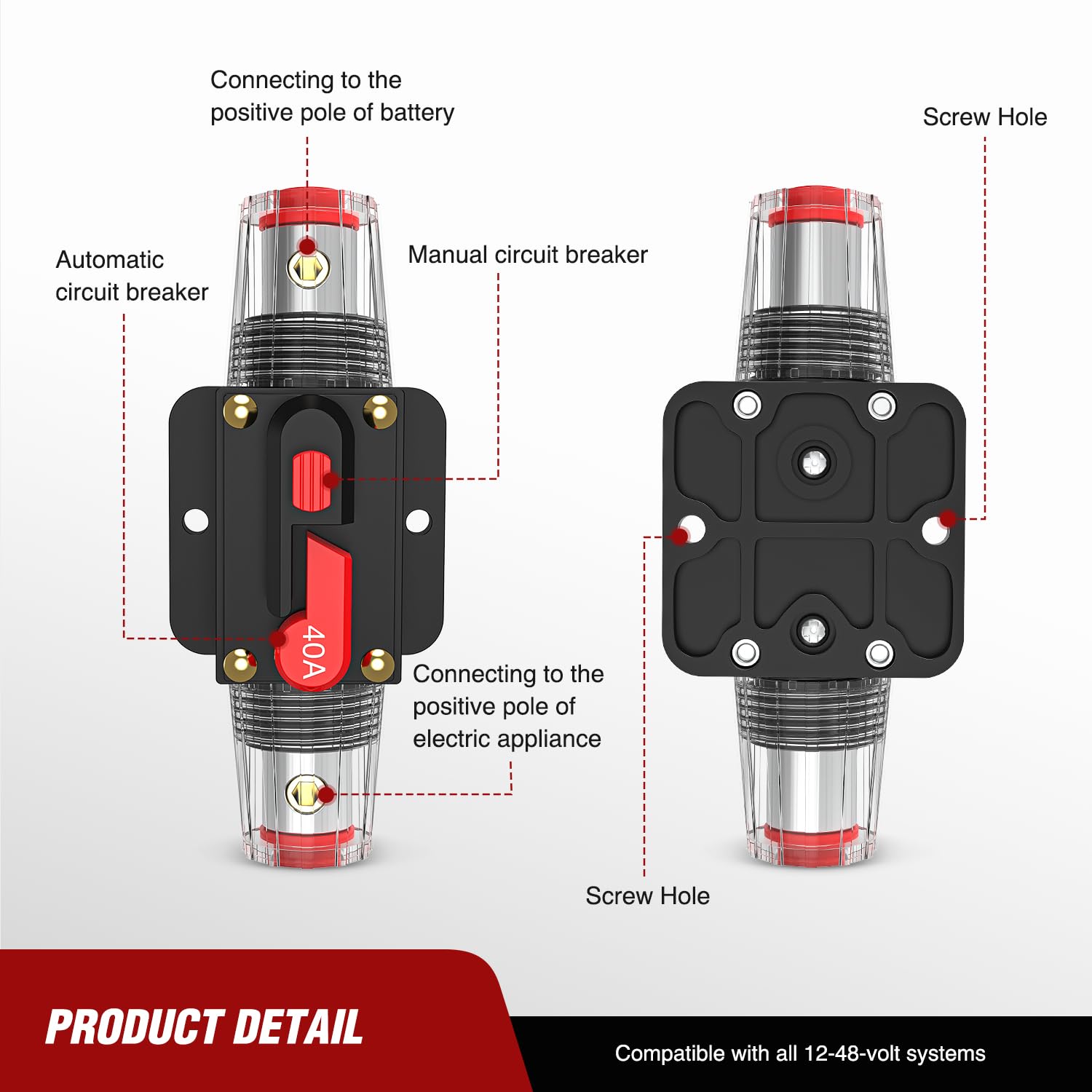 40A Circuit Breaker Reset Fuse Holder - Waterproof Auto Marine Fuse Block for Car, Boat, RV & Solar Power System | Overload Protection for 12V-48V DC Electrical Systems