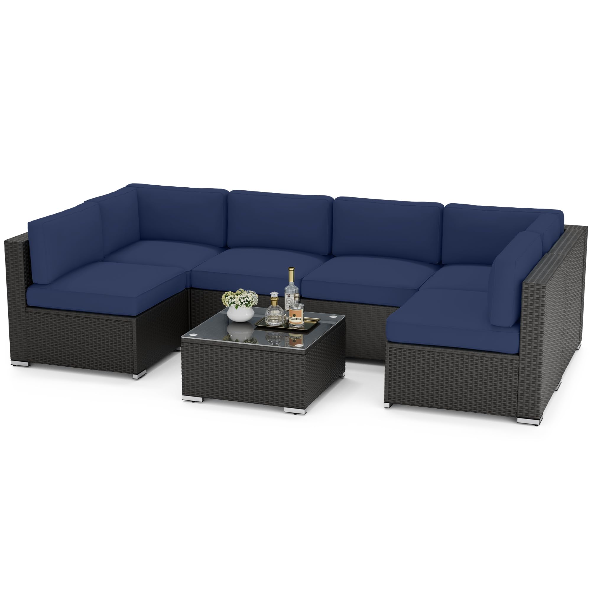 SOLAURA 7-Piece Outdoor Patio Furniture Set - Black/Brown Wicker Rattan Sectional Sofa with Coffee Table, Navy Blue Cushions - Perfect for Backyard, Poolside & Garden Relaxation