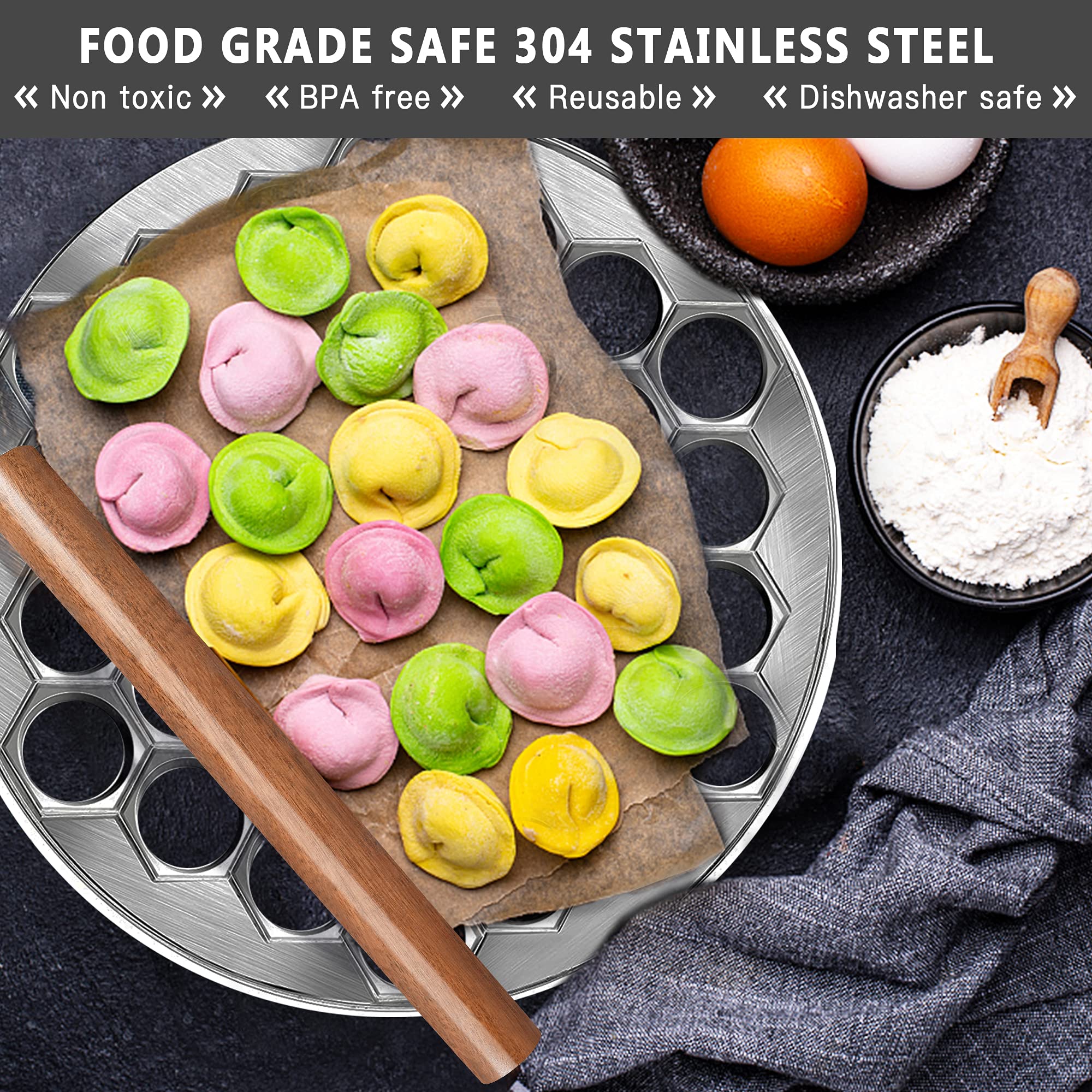 Premium Ravioli Dumpling Maker - 37 Hole Food Grade Safe Pelmeni Mold with Pastry Wheel Cutter & Rolling Pin | Perfect for Homemade Italian Ravioli, Russian Dumplings & Asian Gyoza | Ideal for Family Cooking, Party Snacks & Restaurant Use