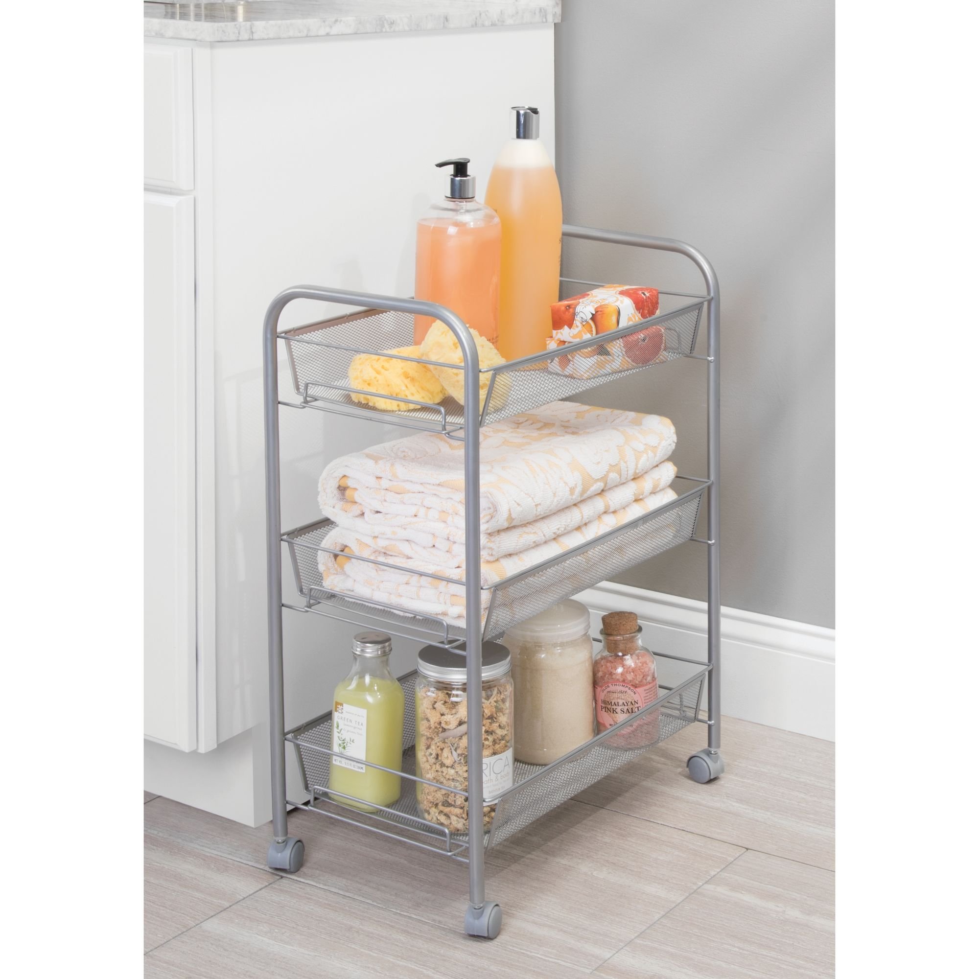 InterDesign 04920 Brio 3-Tier Rolling Storage Cart with Omni-Directional Wheels & Removable Mesh Baskets - Silver | Space-Saving Organizer for Kitchen, Bathroom, Office, or Dorm Room
