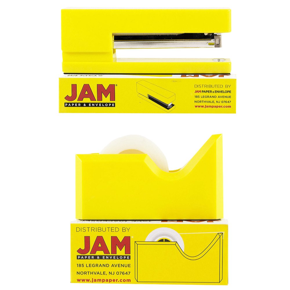 JAM PAPER Office Starter Kit - Yellow - Stapler, Tape Dispenser, Staples, Paper Clips & Binder Clips - 5/Pack - Perfect for Home Office, School Supplies & Workplace Organization