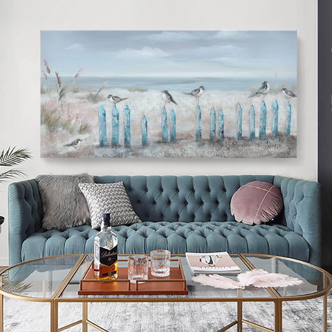 Extra Large 60x30 Inch Hand-Painted Beach Oil Painting - Ocean Seascape with Seagulls Wall Art Canvas, Framed Coastal Decor for Living Room, Bedroom & Office | Perfect for Coastal, Nautical & Beach House Themes