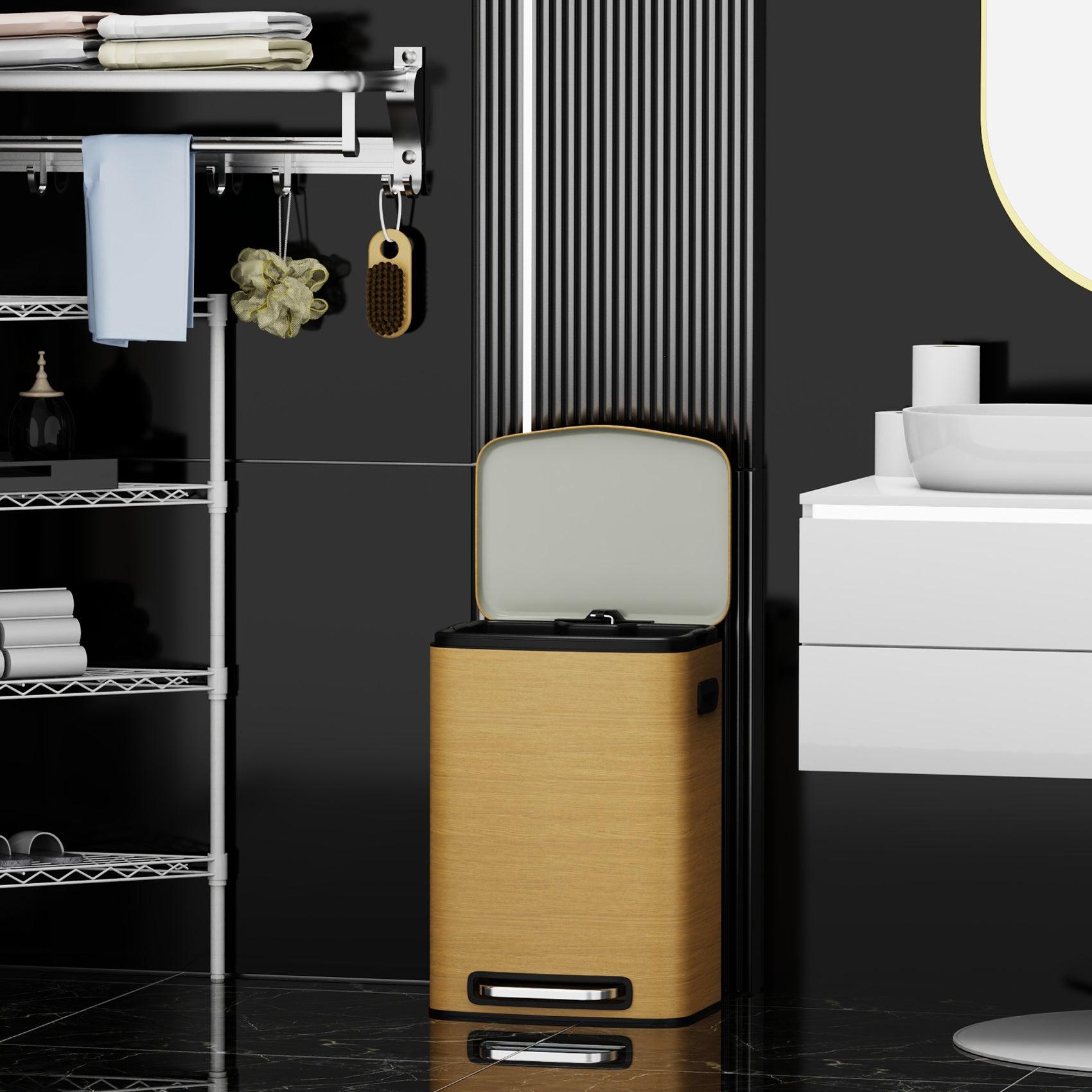 13 Gallon 50L Stainless Steel Rectangular Trash Can with Foot Pedal - Soft Close Lid, Wood Texture Design - Includes 30 Garbage Bags - Perfect for Kitchen, Office, or Bathroom Waste Disposal