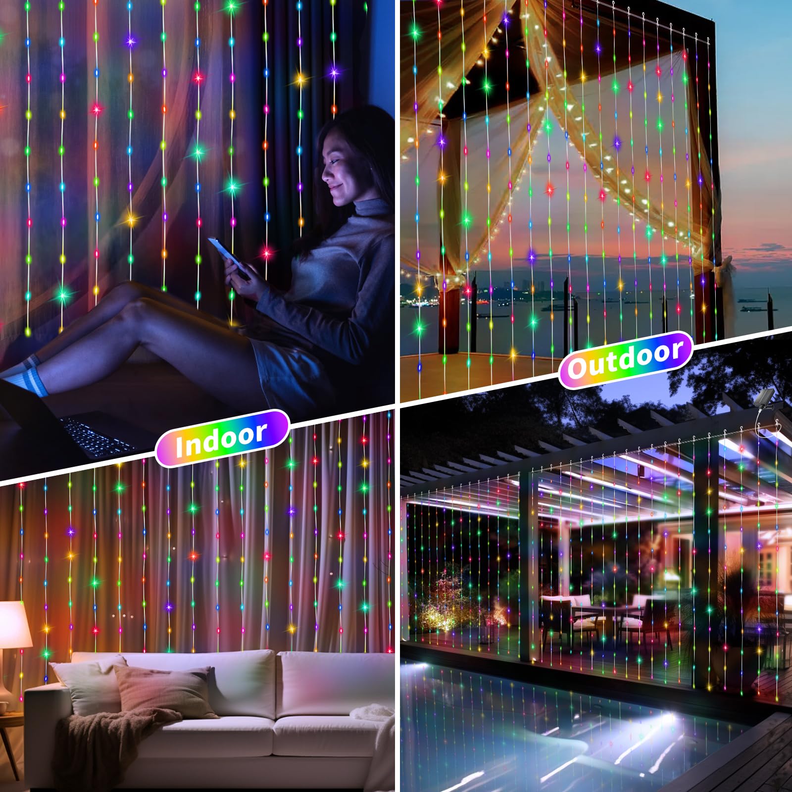 QLIRJAD 300LED Solar Curtain Lights Outdoor Waterproof - USB Rechargeable Fairy String Lights with Remote, 8 Modes, Timer & Dimmable Function for Christmas, Wedding, Gazebo, Window Decor - Perfect for Outdoor Party, Garden, Patio and Backyard Lighting