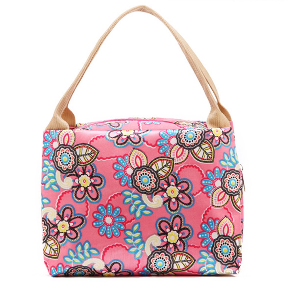 LEFV™ Reusable Insulated Lunch Bag with Zipper - Fashionable Pink Floral Design for Women, Perfect for Work, School, Picnics & Travel - Eco-Friendly Food Storage & Grocery Tote Organizer