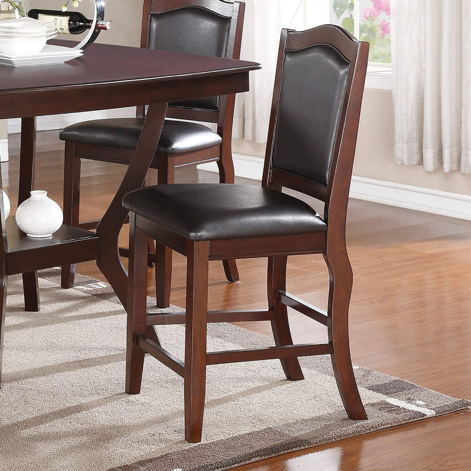 Dark Brown Wood Finish Set of 2 Counter Height Bar Stools - Faux Leather Upholstered Seat & Back - Modern Kitchen Island & Dining Room Chairs for Breakfast Nook, Home Bar & Small Space Decor