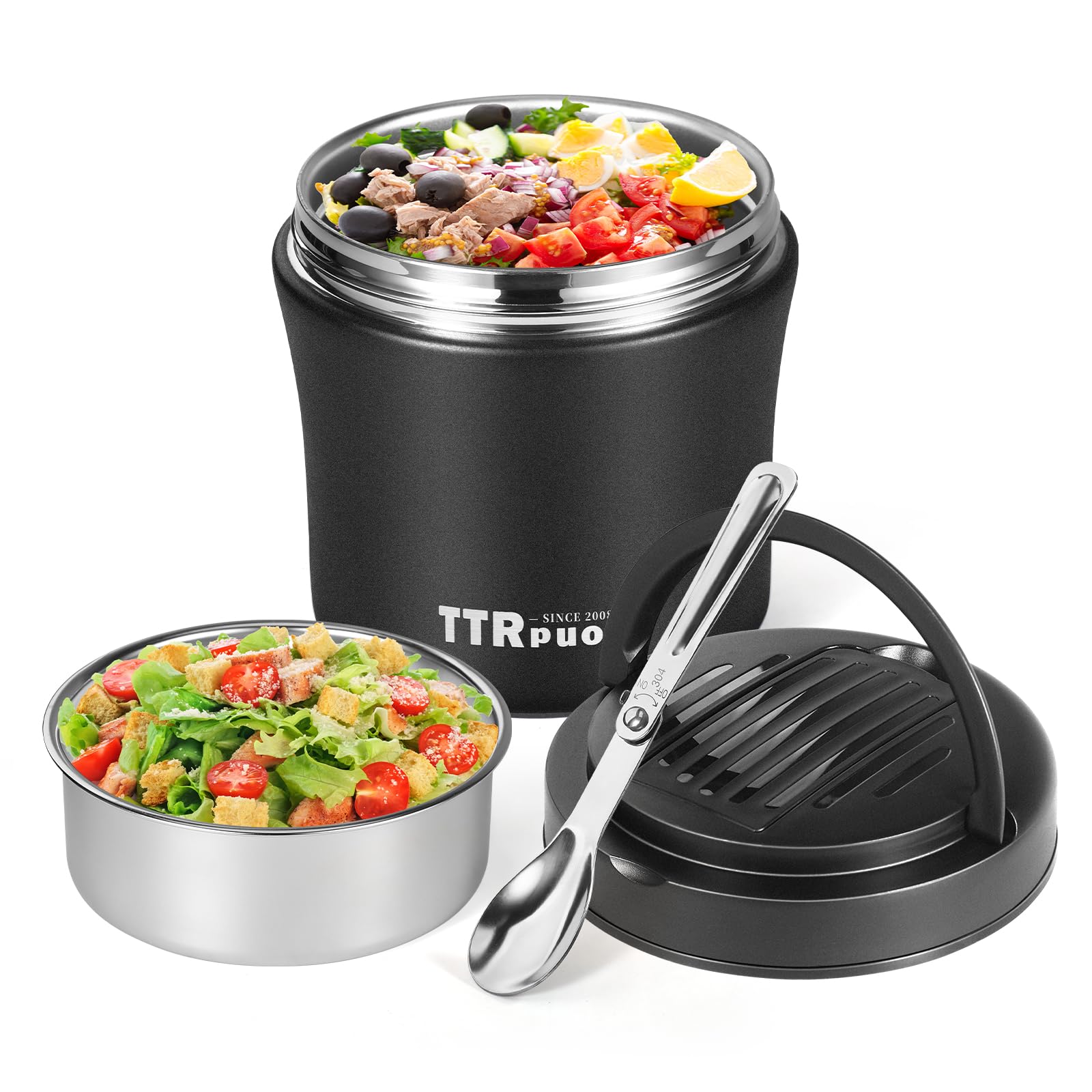 40oz Stainless Steel Insulated Food Container - Wide Mouth Thermos Jar for Hot Soup & Meals, Includes Folding Spoon & Handle (Black) | Perfect for Office Lunch, Picnics & Outdoor Activities