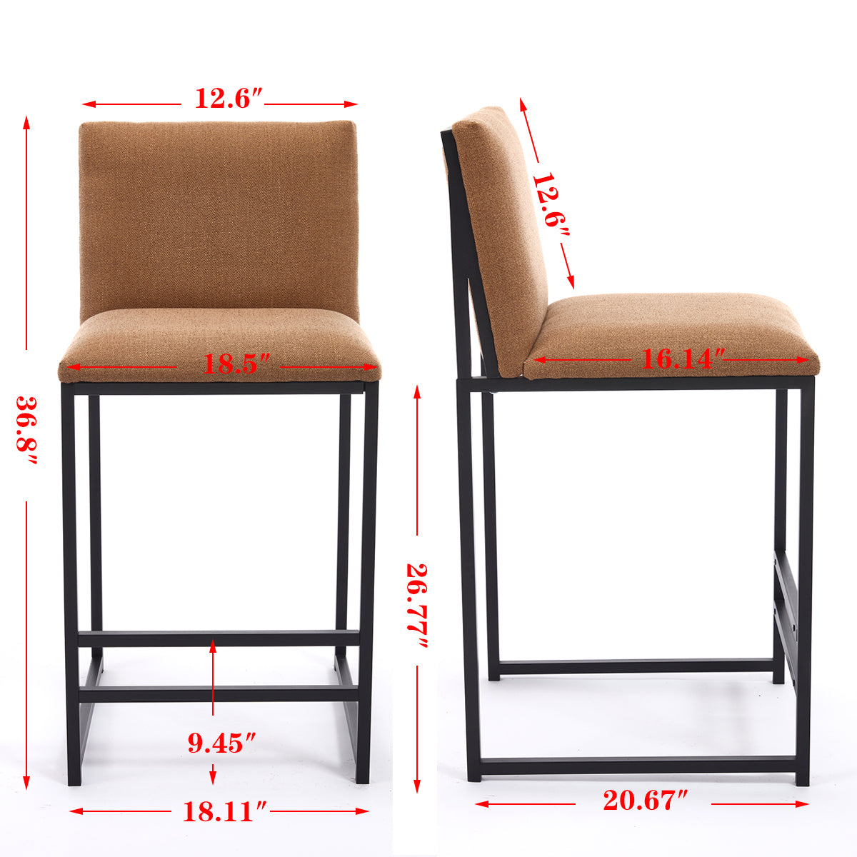 2-Pack Counter Height Bar Stools with Upholstered Linen Seats & Metal Footrest - Modern Kitchen Island Stools for Dining Room, Breakfast Nook, Coffee Shop or Home Bar (Black/Gray)