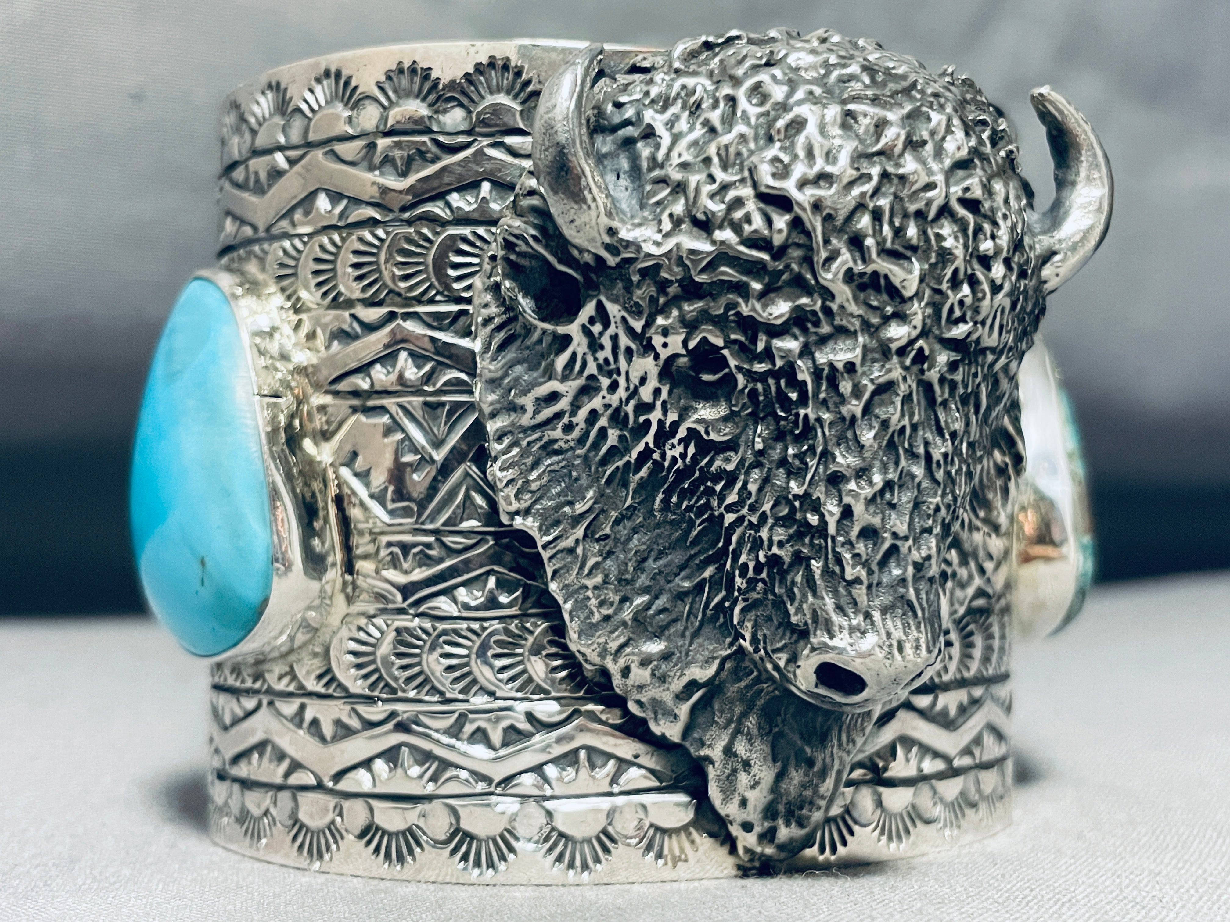 Authentic Navajo Turquoise Sterling Silver Bracelet with Buffalo Head - 133 Grams - Handmade Native American Jewelry for Women - Perfect for Boho, Western & Festival Fashion
