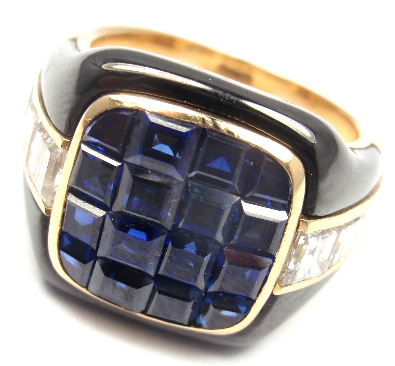Authentic Piaget 18k Yellow Gold Diamond Invisible Set Sapphire Enamel Ring | Luxury Jewelry for Weddings, Anniversaries & Special Occasions