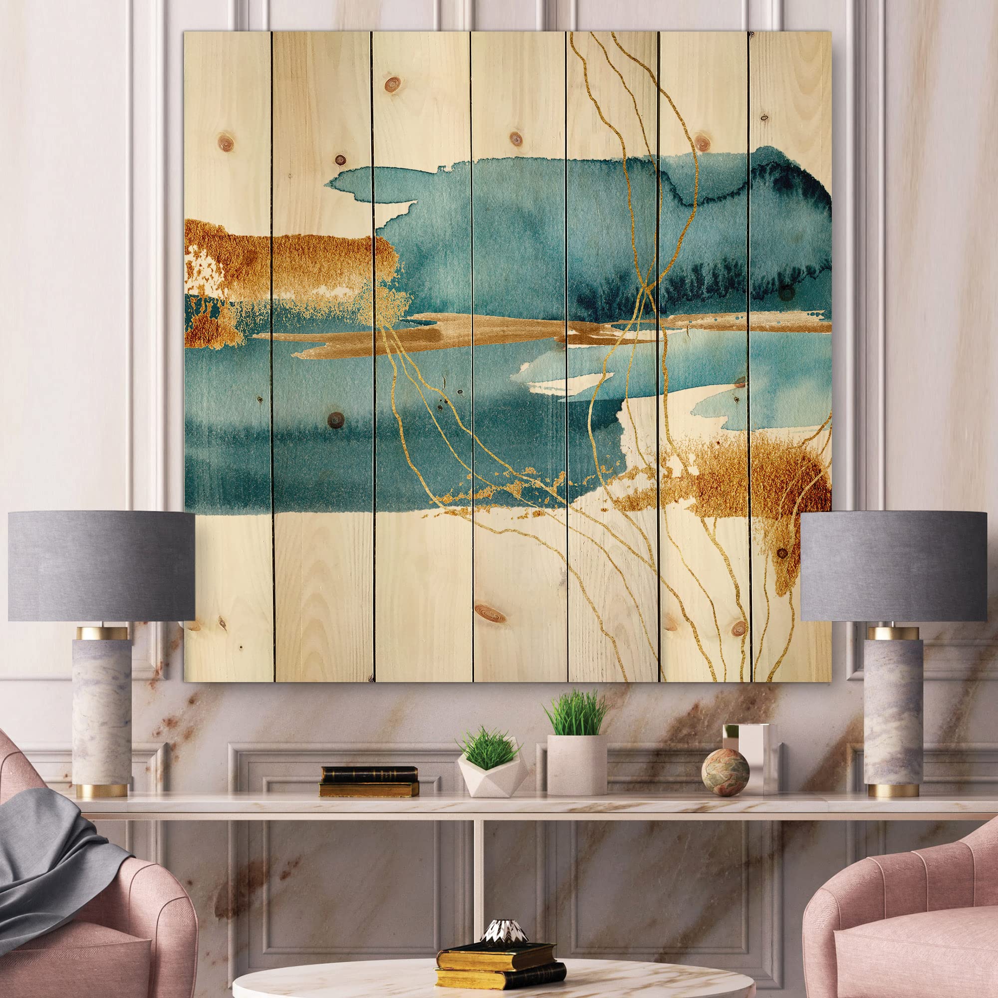 Blue Underwater Plant with Golden Laminaria Branch - Modern Wood Wall Art Decor, Large Abstract Pine Wood Panel Print - Perfect for Living Room, Bedroom & Office Wall Decoration