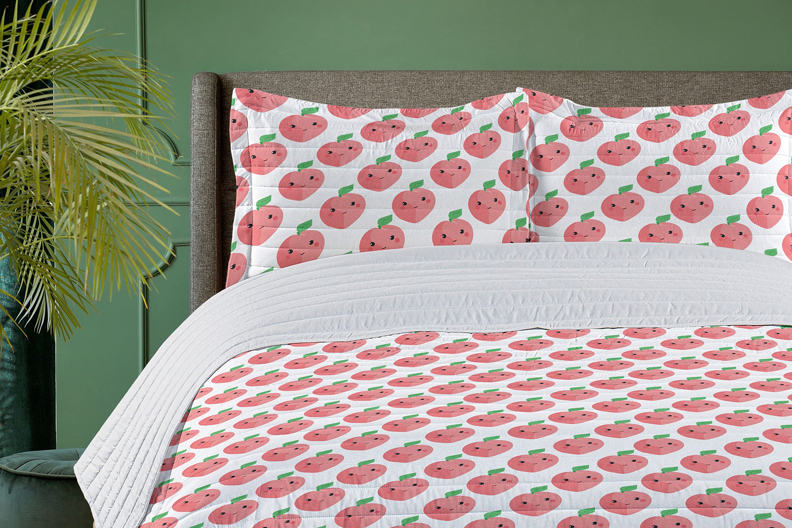 Ambesonne Peach Microfiber Bedspread Set - Kawaii Style Fruit Pattern with Smiling Faces, Soft Queen Size Comforter & Pillow Shams in Pastel Pink White Green - Perfect for Kids' Rooms, Dorm Decor & Anime Themed Bedrooms