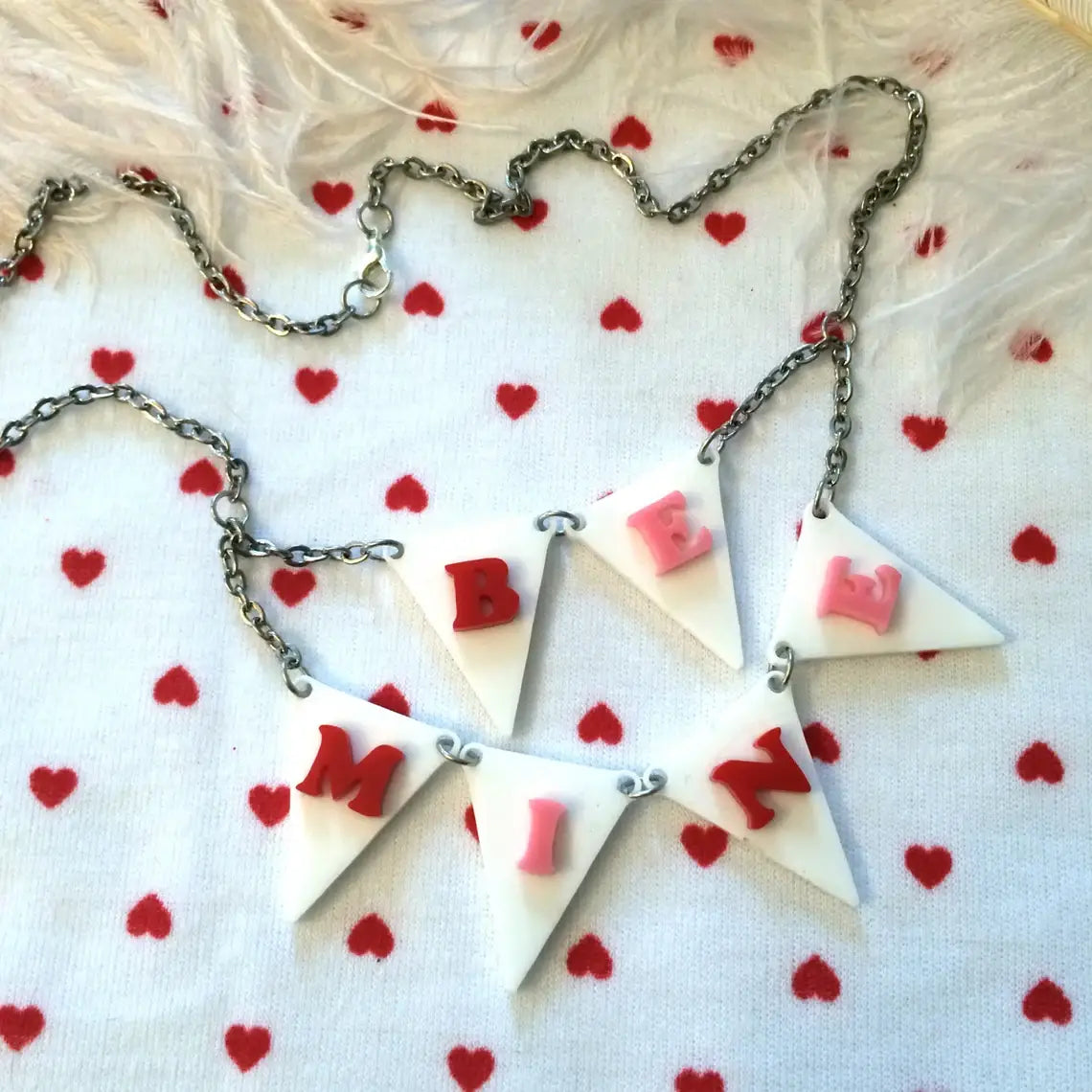 BE MINE Acrylic Laser Cut Bunting Necklace - Cute Heart Pendant Jewelry for Women | Perfect for Valentine's Day, Anniversary & Romantic Gifts