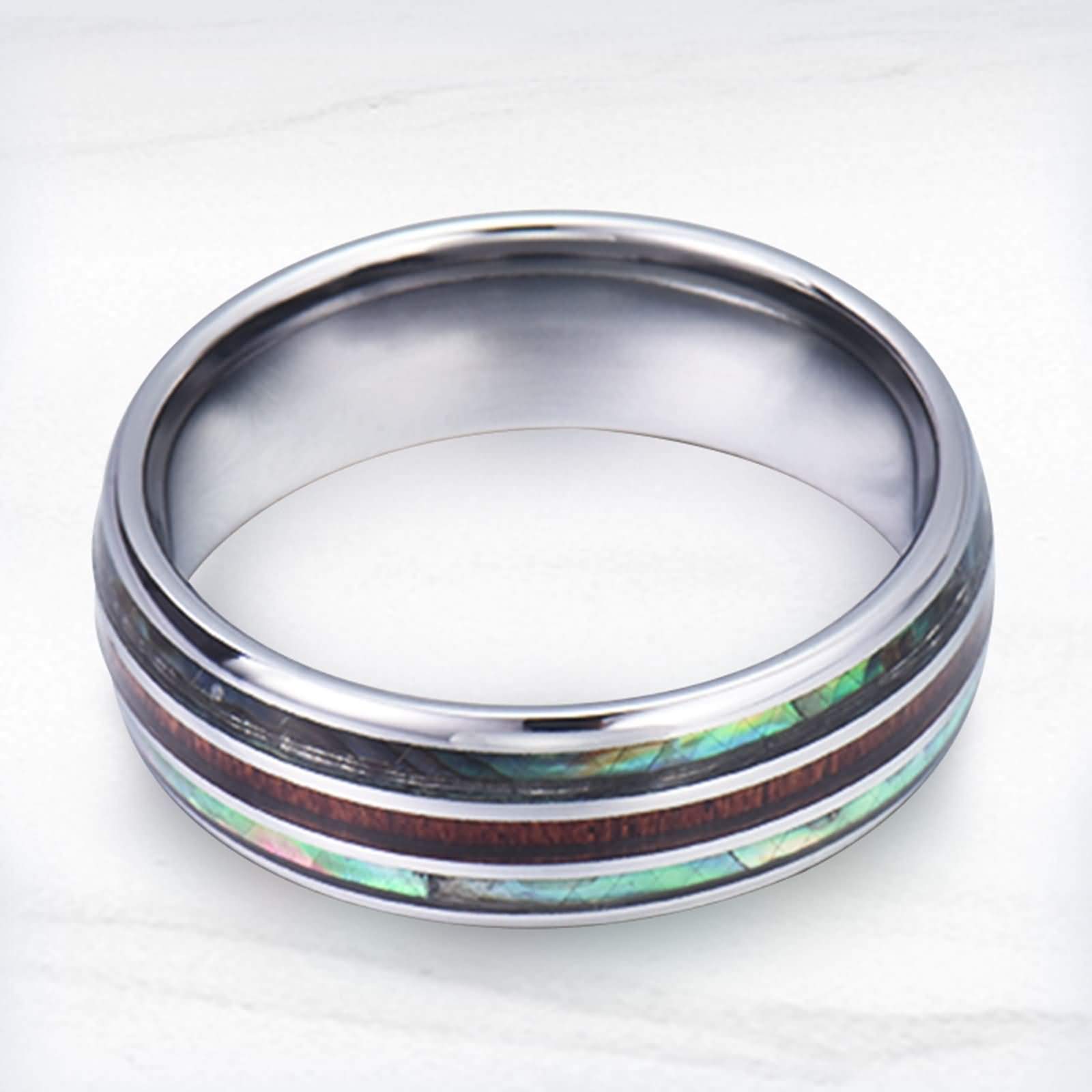 Tungsten Engagement Ring for Men - 8MM Abalone & Wood Inlay, Personalized Silver Band, Sizes 6-14 - Perfect for Proposals, Weddings & Anniversary Gifts