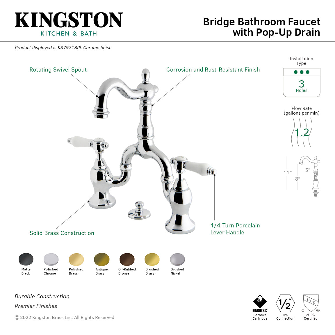 Bel Air KS7977BPL Brushed Brass Two-Handle 3-Hole Deck Mount Bathroom Sink Faucet with Brass Pop-Up Drain - Perfect for Modern Bathrooms & Vanities