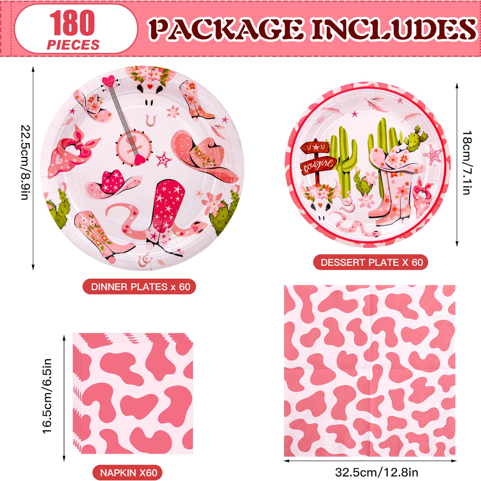 180PCS Pink Cowgirl Party Supplies Set - Western Themed Paper Plates, Napkins for 60 Guests | Perfect for Rodeo Birthday, Bachelorette Party & Cowgirl Decorations | Includes Dinner Plates, Dessert Plates & Napkins | Great for Themed Parties, BBQ Events & Western Celebrations