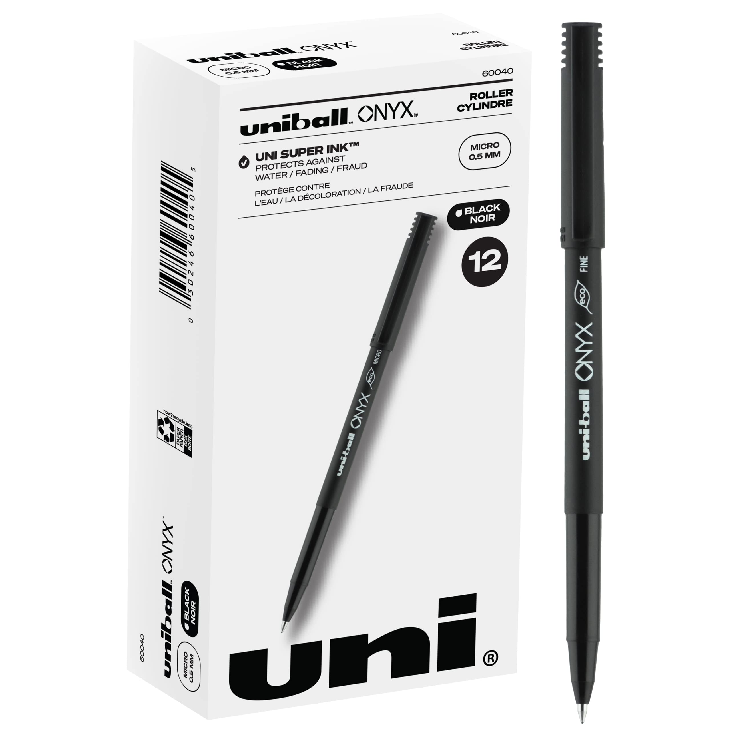 Uni-ball Onyx Rollerball Pens - 12 Pack Fine Point (0.5mm) Black Ink Micro Tip Pens for Office, School & Journaling - Smooth Writing Gel Pens for Professionals & Students