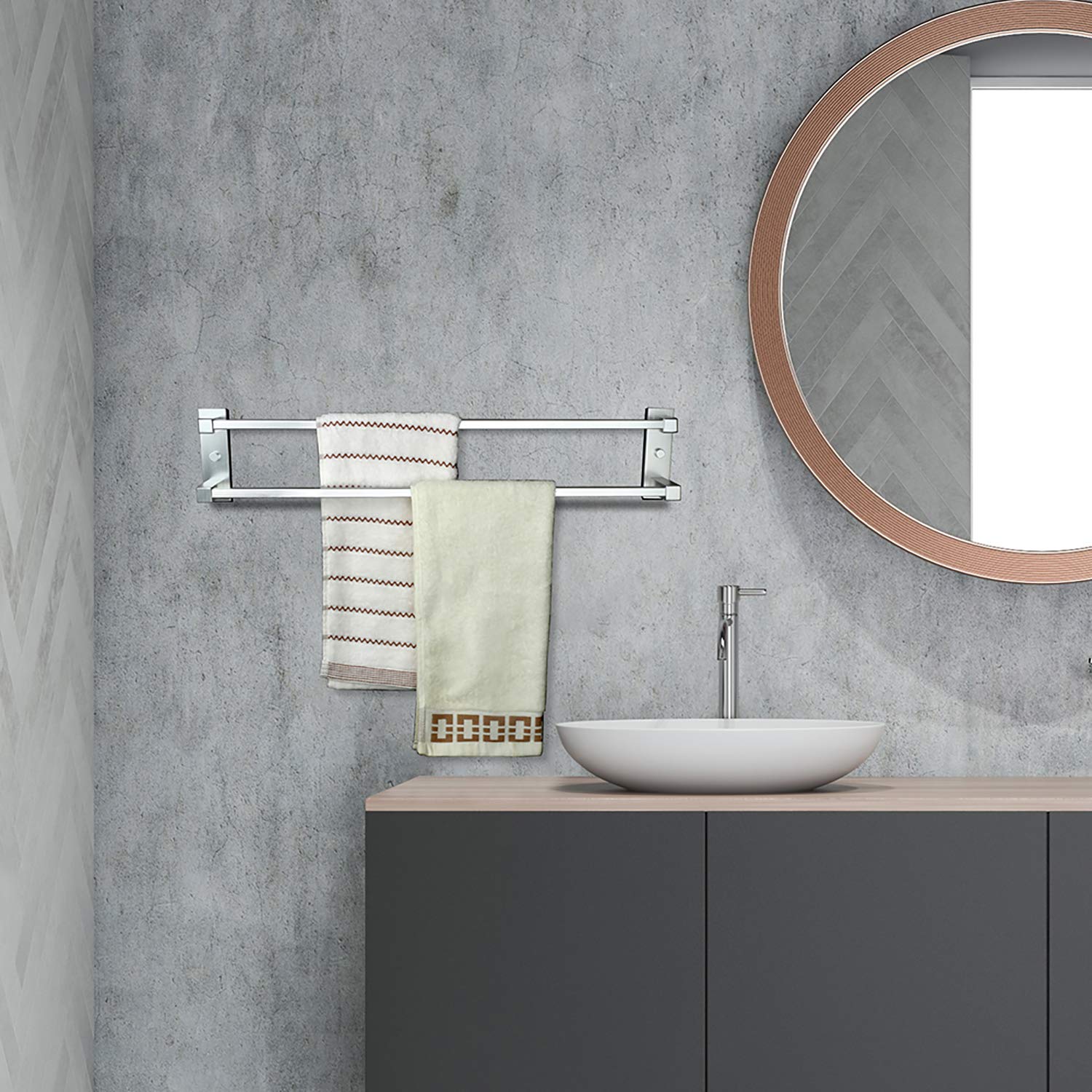 No Drill Double Bar Towel Rack - 25.4 Inch Self Adhesive Wall Mounted Stainless Steel Towel Holder for Bathroom, Kitchen & Hotel - Strong Adhesive for Heavy Towels - LT-92001