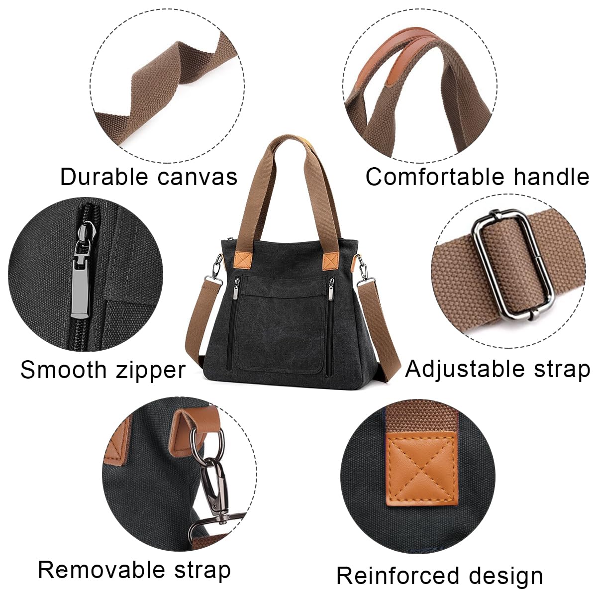 Venzina® Stylish Canvas Tote Bag for Women & Girls - Detachable Strap, Shoulder Bag with Zip Closure - Perfect for College, Travel & Everyday Use - Black Crossbody Handbag
