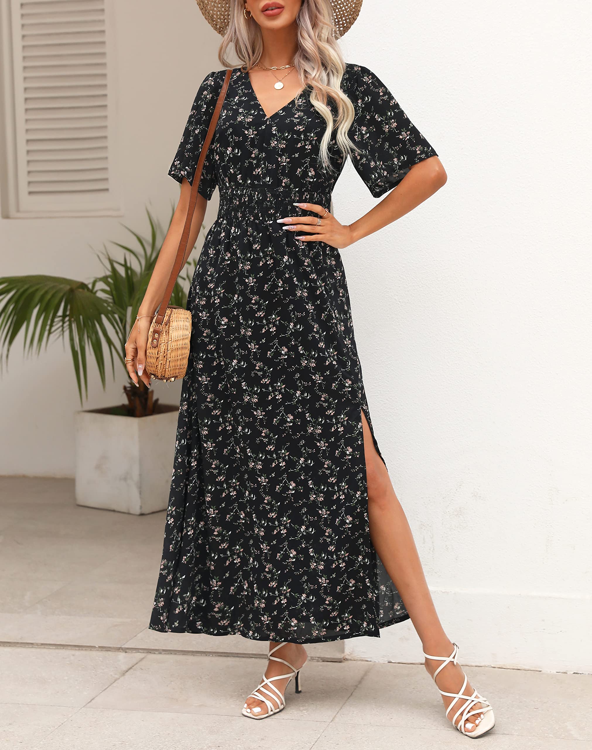 Kranda Women's Floral Boho Maxi Dress - V Neck, High Waist, Short Sleeve, Flowy Swing Slit Design for Summer & Spring | Beach Vacation, Casual Outing, Date Night, Festival Wear