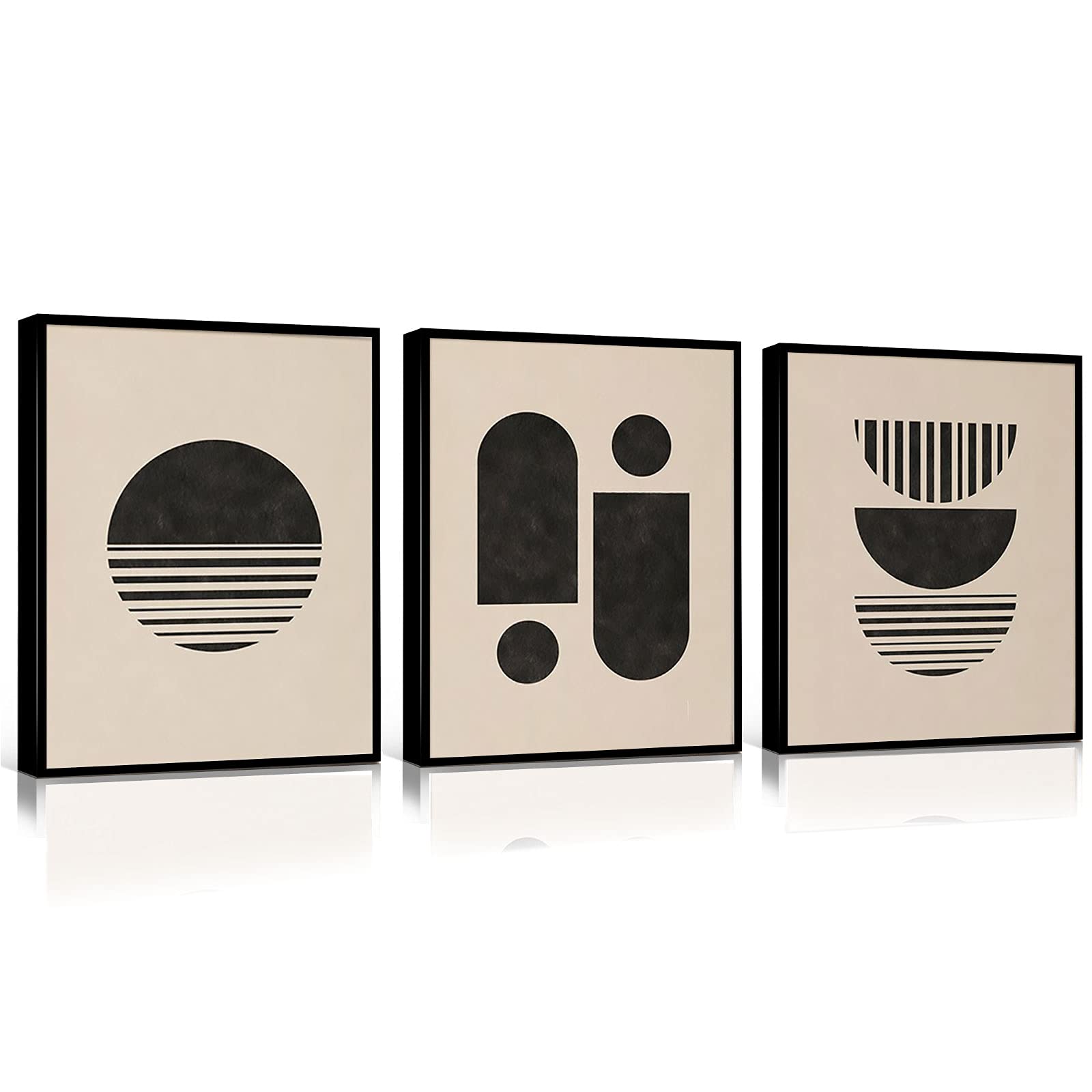 3 Panels Geometric Abstract Canvas Wall Art - Black & Beige Gallery Print Set (16x24 Inch Framed) for Living Room Decor | Modern Home & Office Wall Hangings
