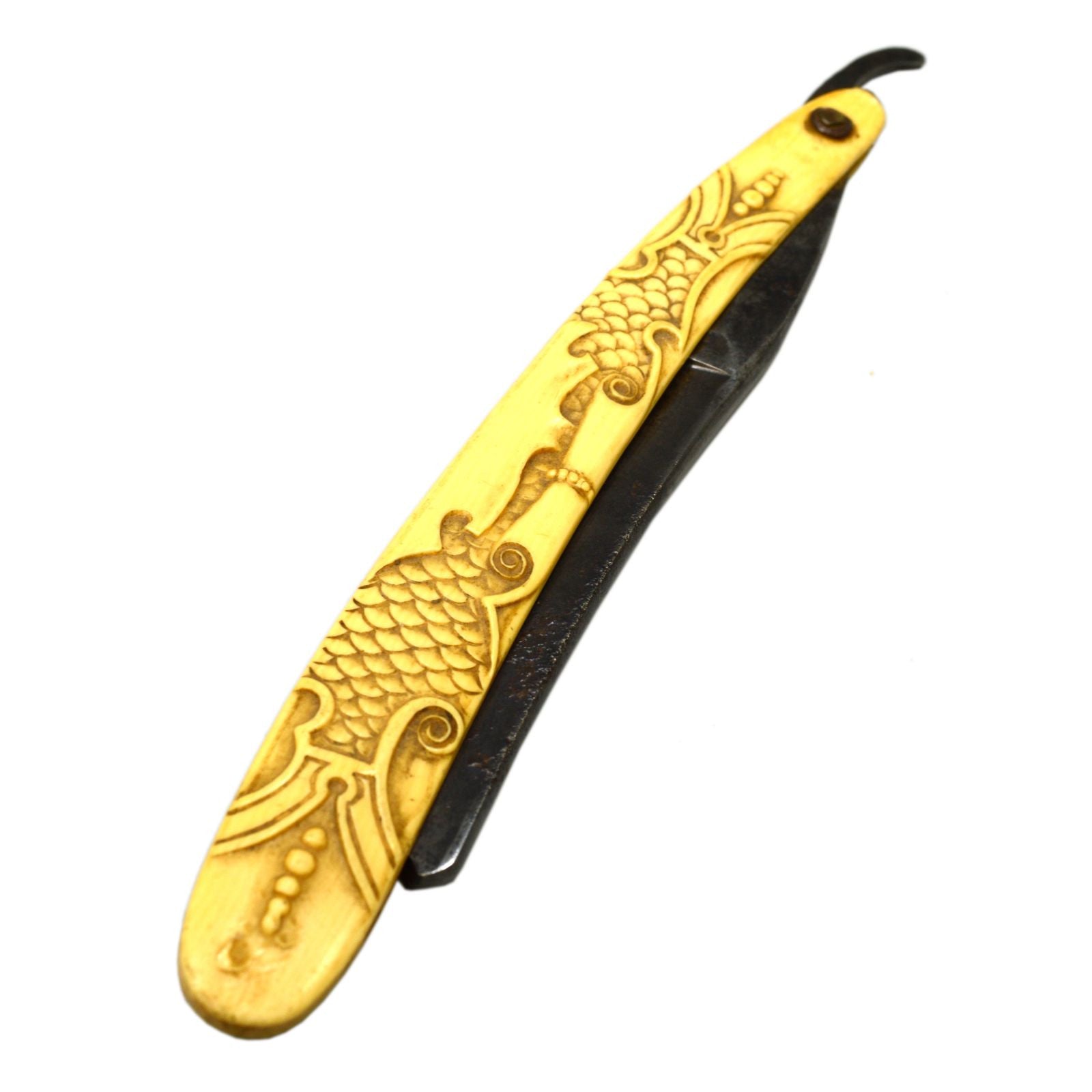 Vintage WADE & BUTCHER Straight Razor with Ornate Carved Bone Scales - Sheffield Steel Shaving Knife - Rare Collectible Barber Tool for Classic Wet Shaving & Grooming