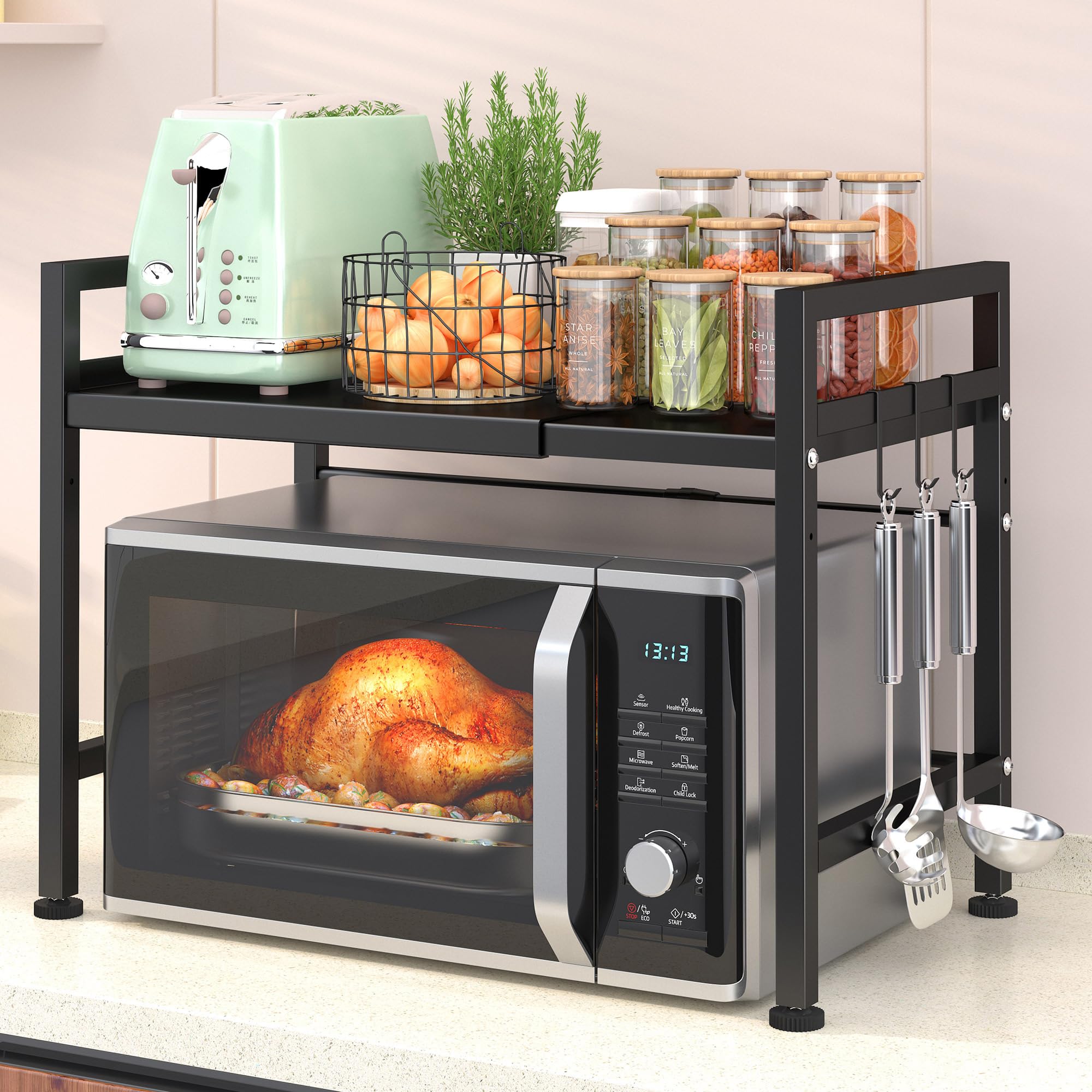 PUSDON Adjustable Microwave Oven Rack - Heavy Duty 2-Tier Kitchen Organizer with 3 Hooks for Countertop, 160lbs Capacity - Space Saving Solution for Microwave, Toaster & Small Appliances - Perfect for Small Kitchens & Apartment Living (Black)