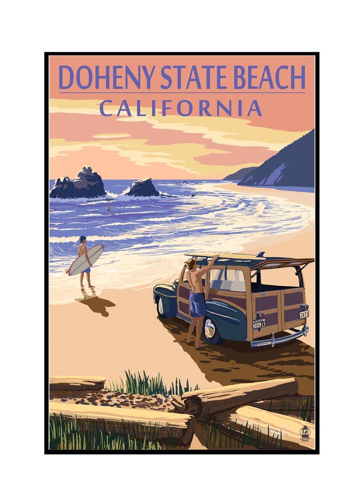 Doheny State Beach California Landscape Art - Woody on Beach 24x36 Framed Canvas Wall Decor for Coastal Living Room & Beach House