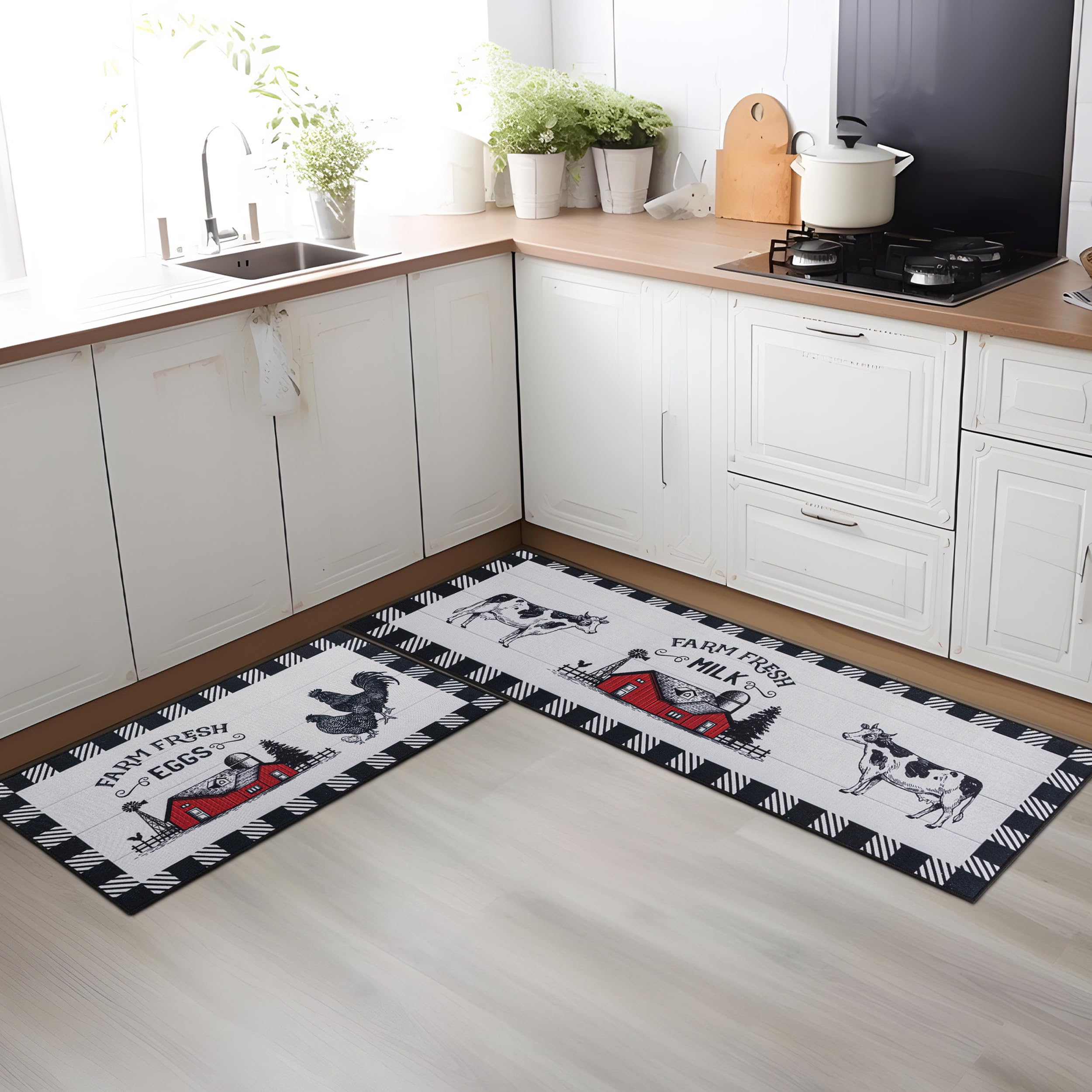 Farmhouse Kitchen Rugs Set of 2 - Non-Slip Washable Black and White Plaid Floor Mats - 17