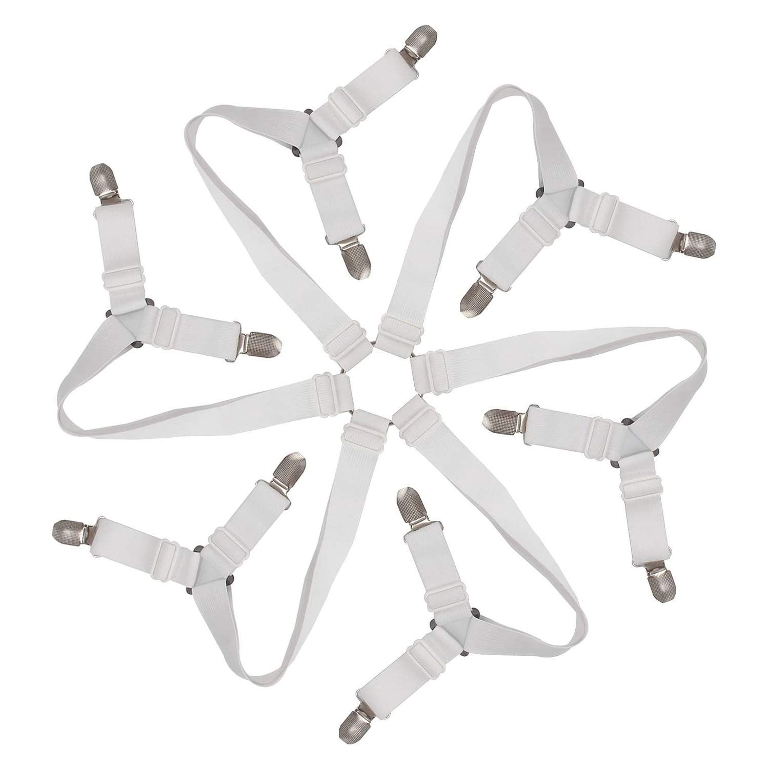 6-Way Adjustable Elastic Sheet Clips - Secure Fitted Sheets, Tablecloths & Sofa Covers - Triangle Design Fits Round & Square Mattresses (White) - Perfect for Home, Hotel & RV Use