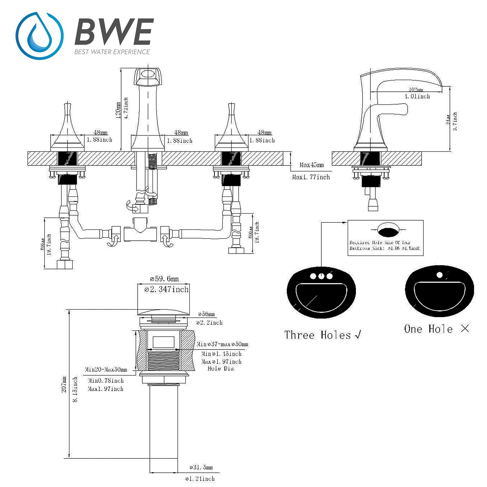 BWE Oil Rubbed Bronze 8-Inch Widespread Bathroom Faucet - 2-Handle 3-Hole Lavatory Sink Mixer Tap with Drain Assembly, Overflow & Supply Hoses - Perfect for Modern Bathroom Vanities and Powder Rooms