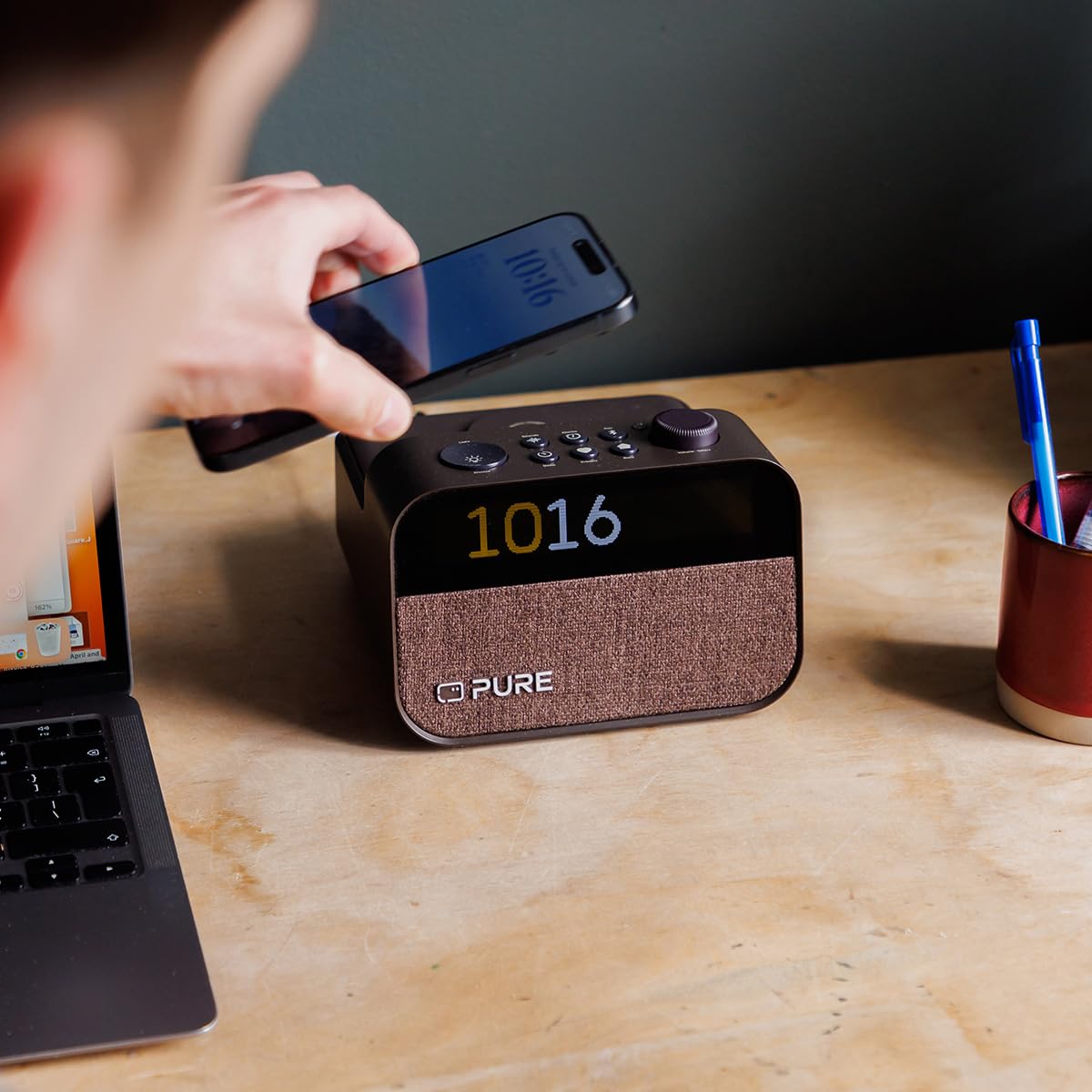 Pure Moment Multifunctional Clock Radio with Wake-Up Light, Bluetooth Speaker, White Noise Machine & Wireless Charger - Crystal Coffee Brown for Bedroom, Office & Home Decor
