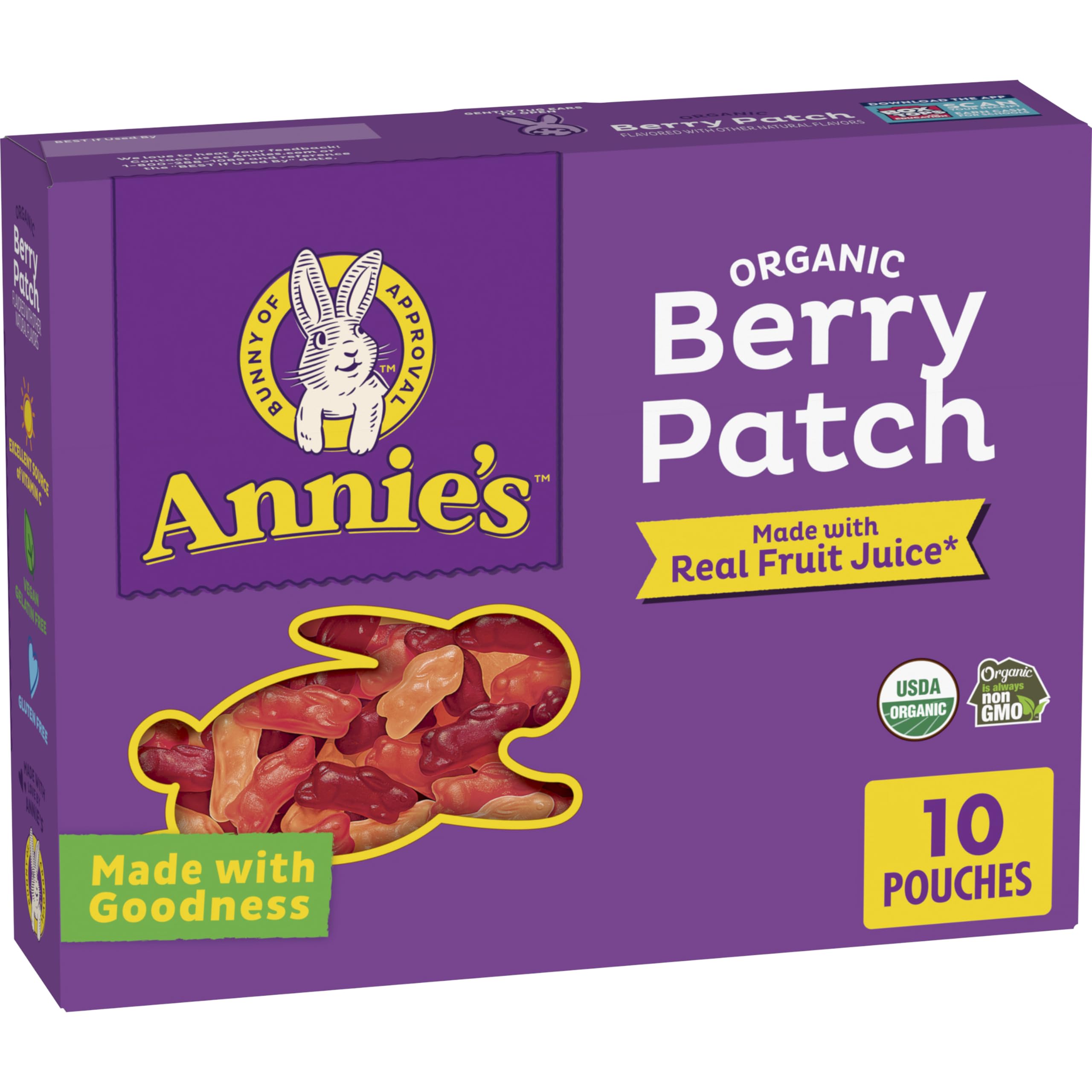 Annie's Organic Berry Patch Bunny Fruit Flavored Snacks - Gluten Free, Non-GMO, 10 Pouches (7 oz) - Perfect for Easter Baskets, Kids Lunchboxes & Healthy On-the-Go Snacks
