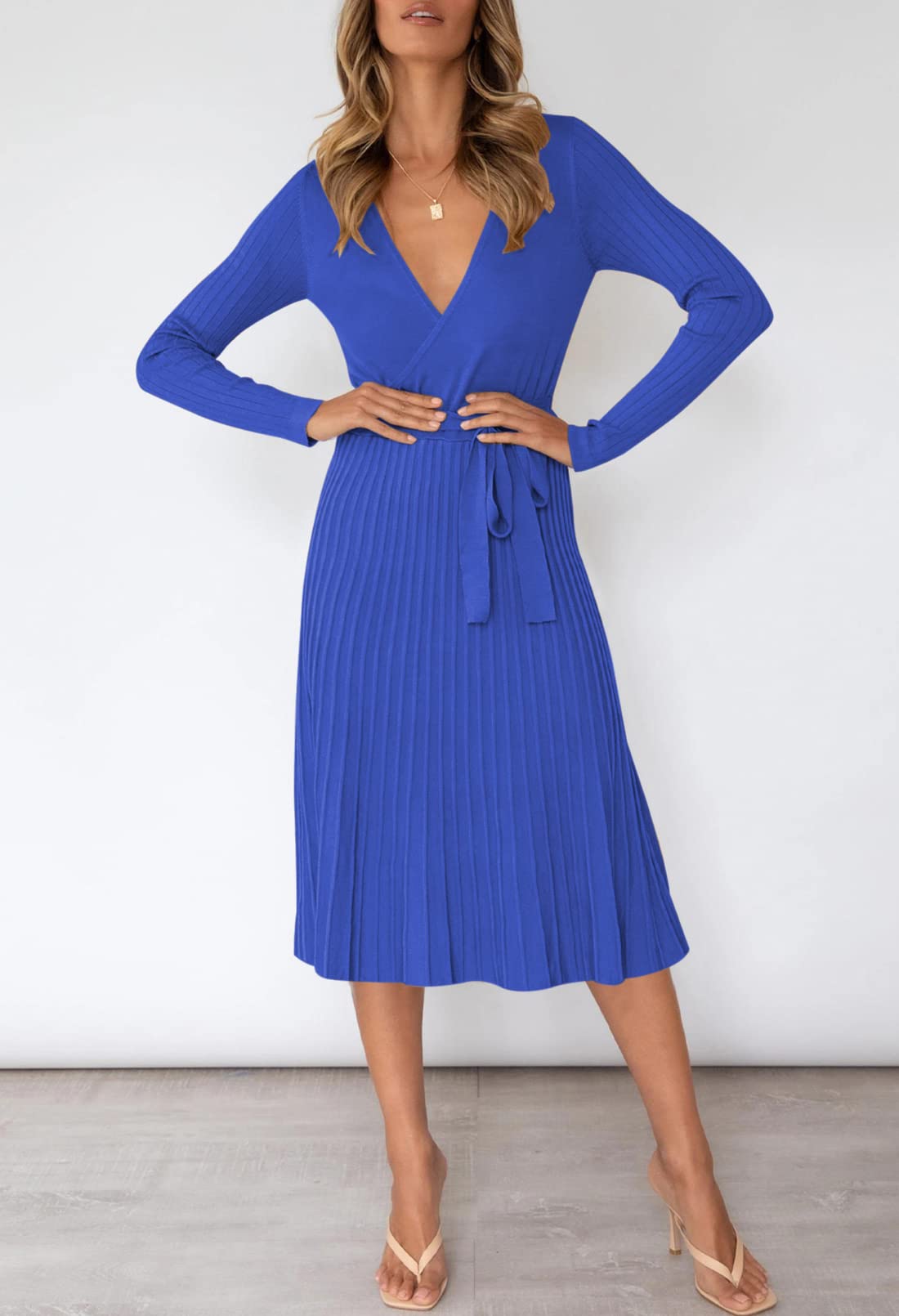 Pink Queen Women's V-Neck Long Sleeve Ribbed Knit Wrap Sweater Dress with Belt | Casual Midi Swing Dress for Fall Winter Office Wear & Date Night Outfits