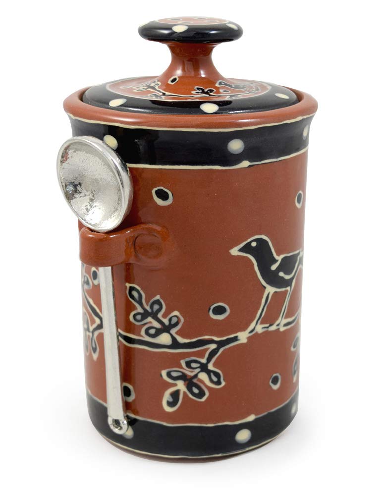 Handcrafted American Terra Cotta Kitchen Canister with Pewter Scoop, Blackbird Design - Perfect for Coffee, Tea & Pantry Storage