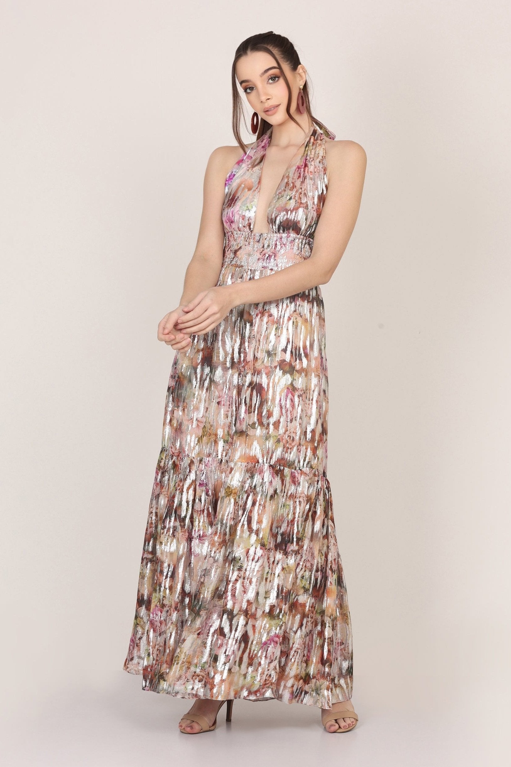 Elegant Noorex Metallic Printed Maxi Dress for Women - Stylish Party & Evening Wear - Perfect for Weddings, Cocktails & Special Occasions